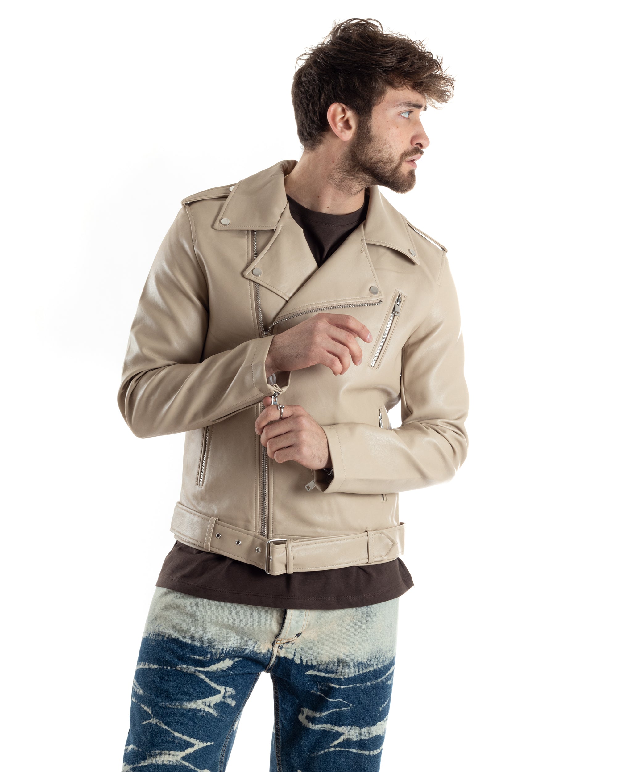 Giubbotto Uomo Biker Chiodo Ecopelle Morbida Tinta Unita Beige Casual GIOSAL-G3168A