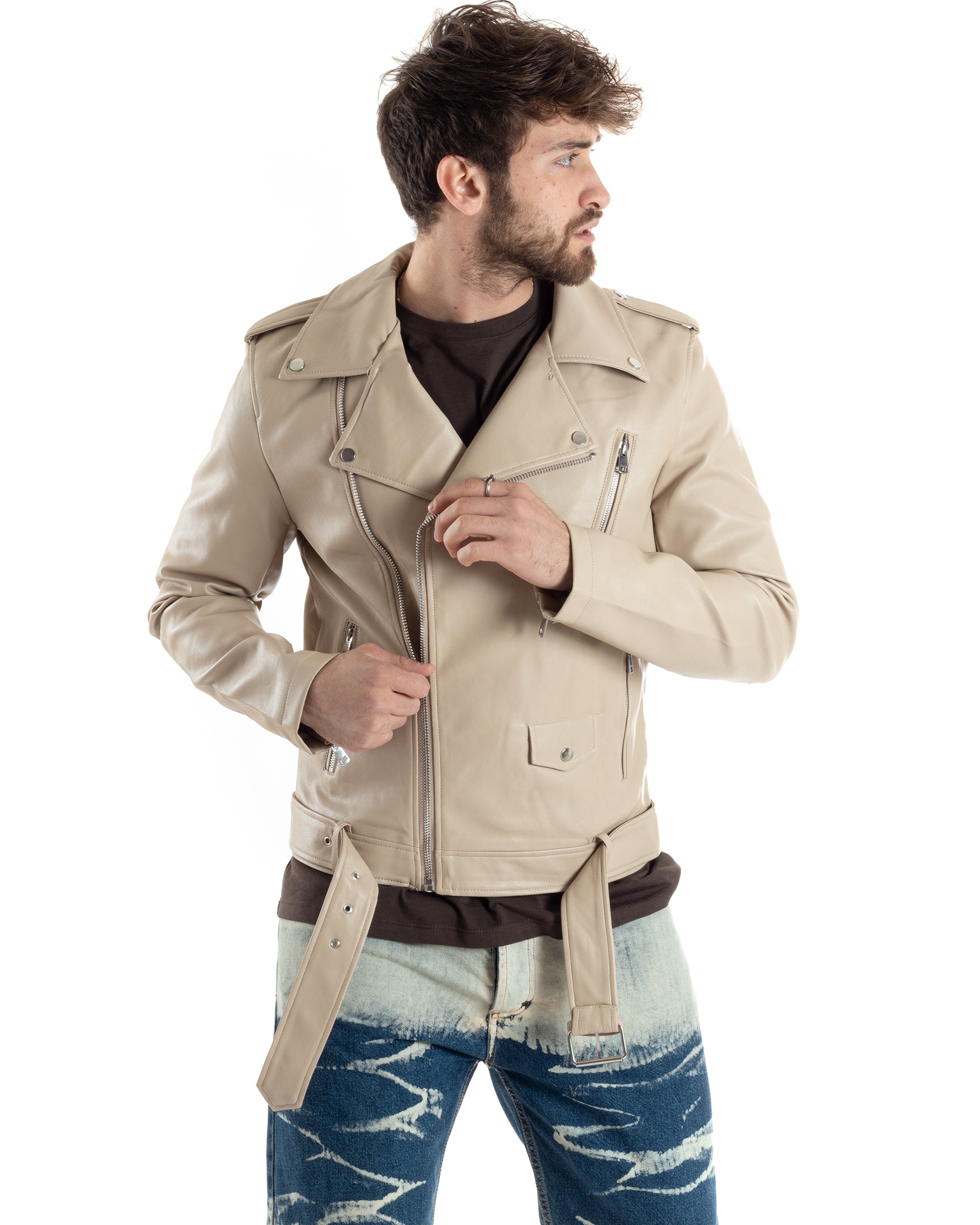 Giubbotto Uomo Biker Chiodo Ecopelle Morbida Tinta Unita Beige Casual GIOSAL-G3168A