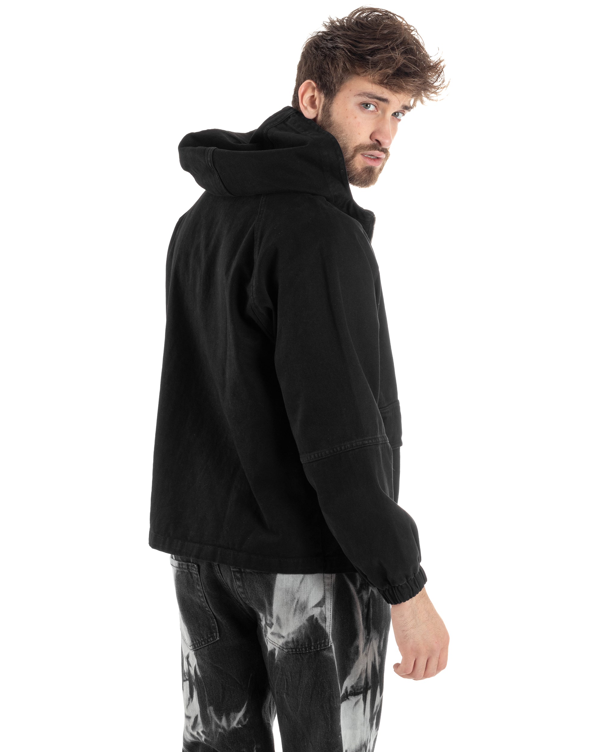 Giubbotto Uomo In Tessuto Giacca Con Cappuccio Oversize Comodo Cropped Tinta Unita Nero GIOSAL-G3172A