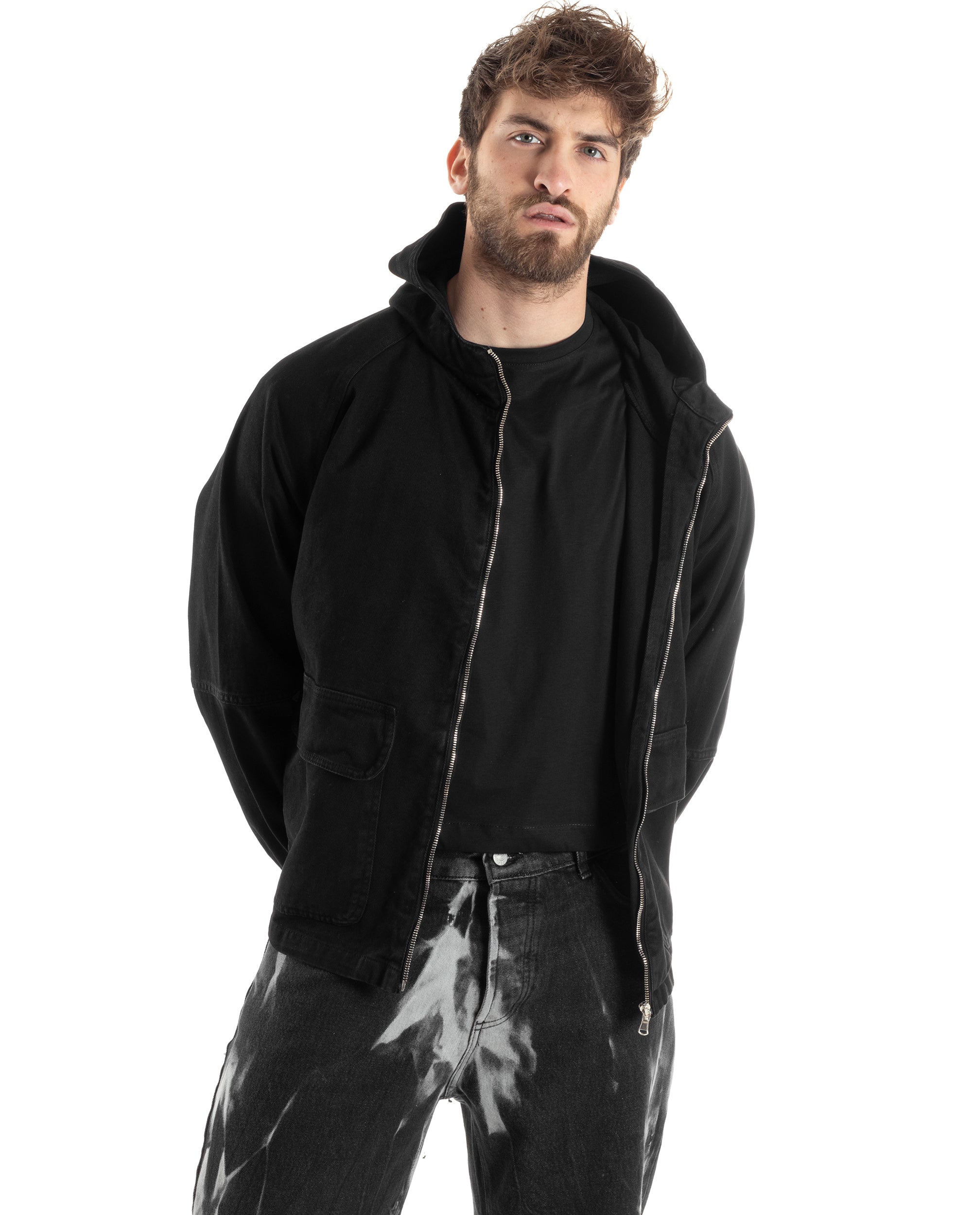 Giubbotto Uomo In Tessuto Giacca Con Cappuccio Oversize Comodo Cropped Tinta Unita Nero GIOSAL-G3172A