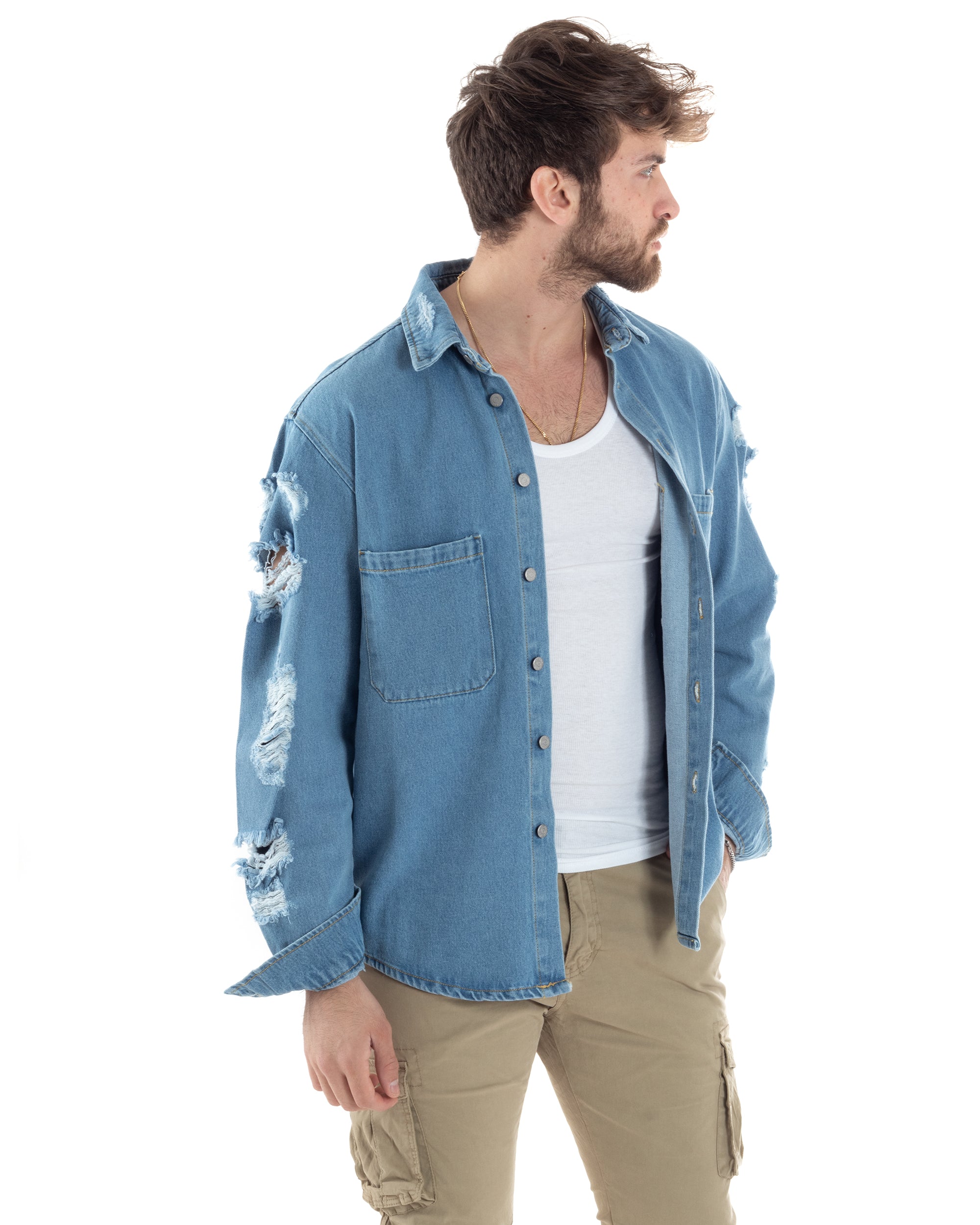 Giubbotto Jeans Uomo Camicione Con Colletto Giacca Con Rotture Denim GIOSAL-G3173A