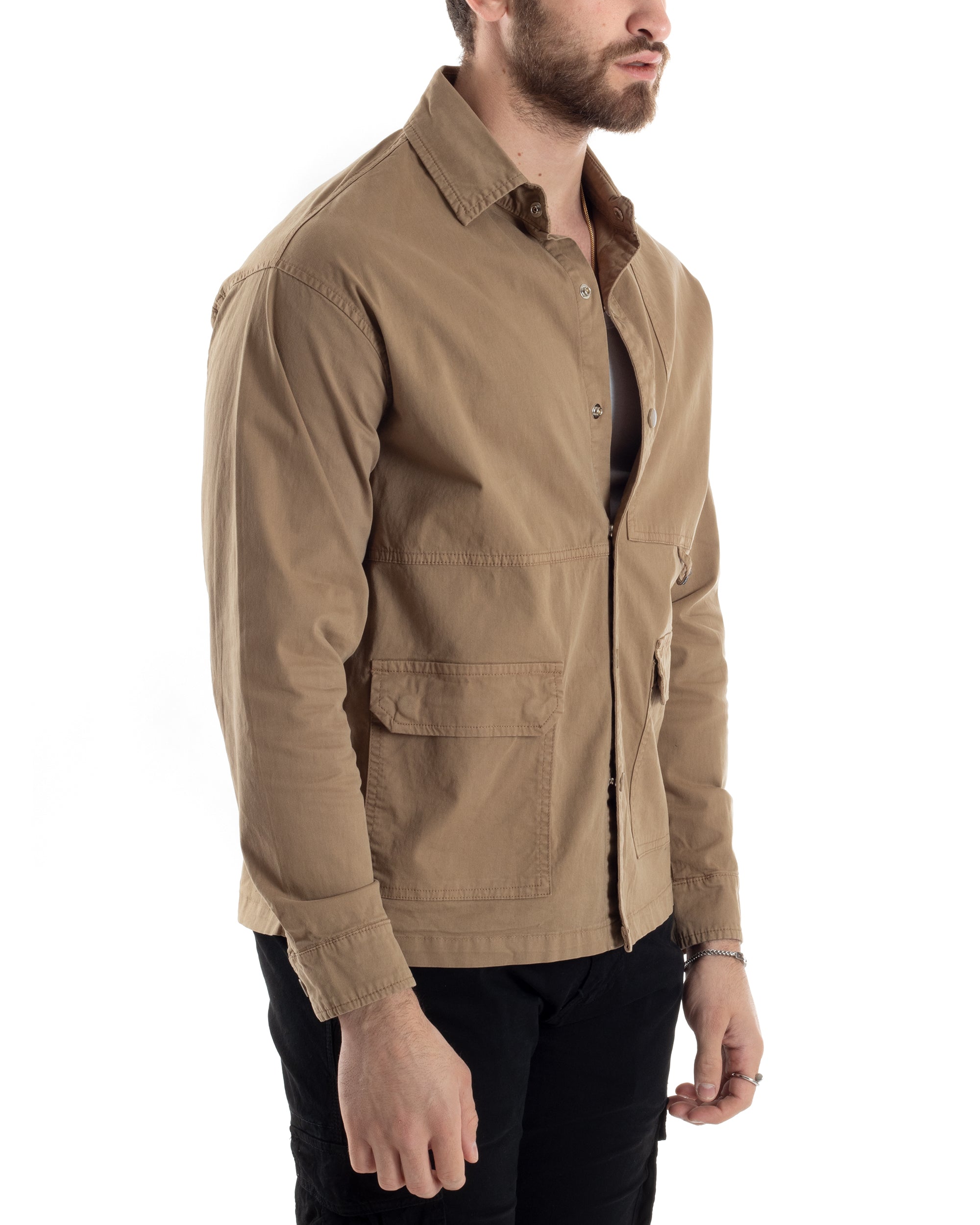 Giacca Utility Cargo Giubbotto Uomo Con Tasche Sahariana Con Colletto Carpenter Beige GIOSAL-G3175A