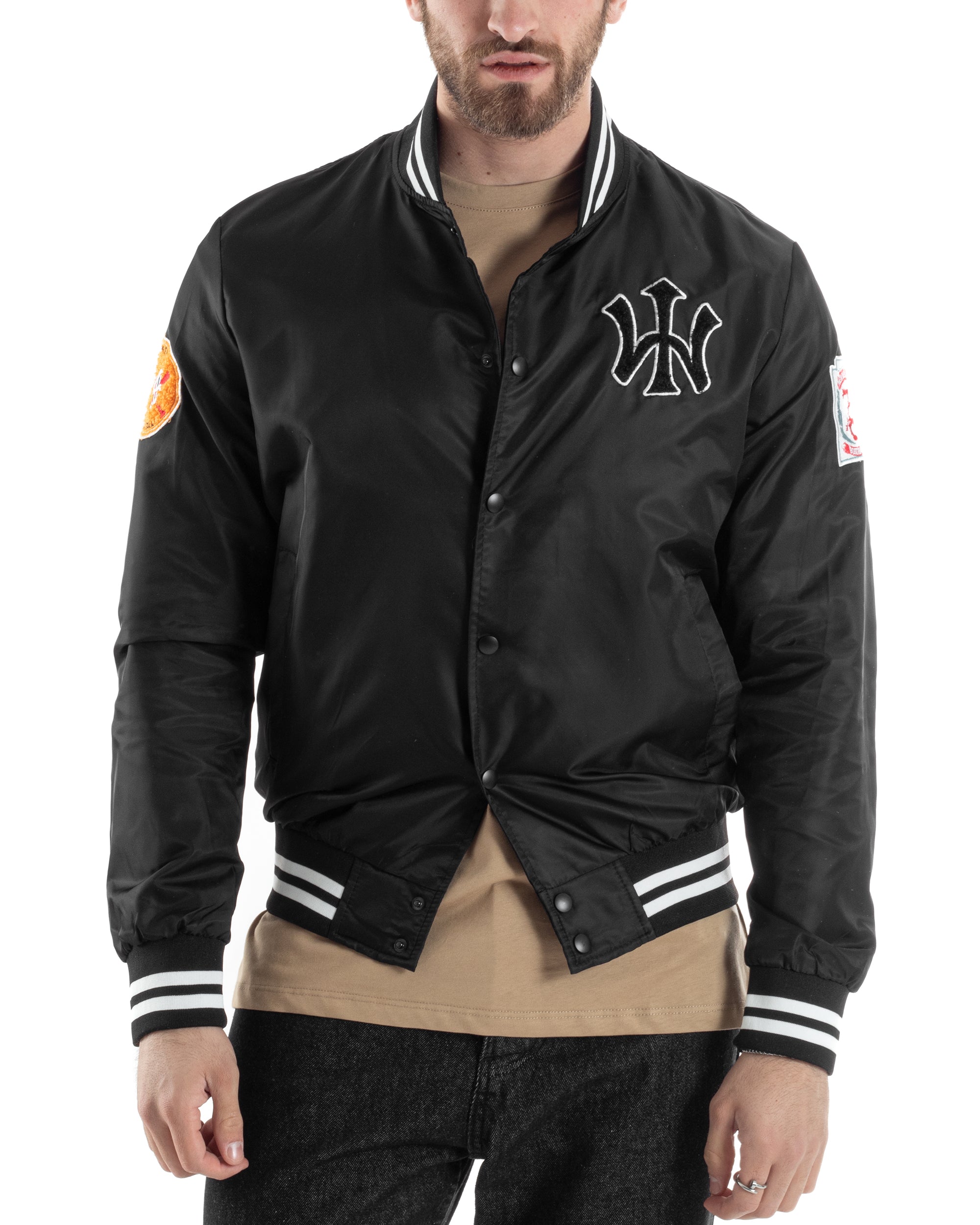 Giubbotto Uomo Giacca College Bomber Con Patch Tessuto Tecnico Nero GIOSAL-G3177A