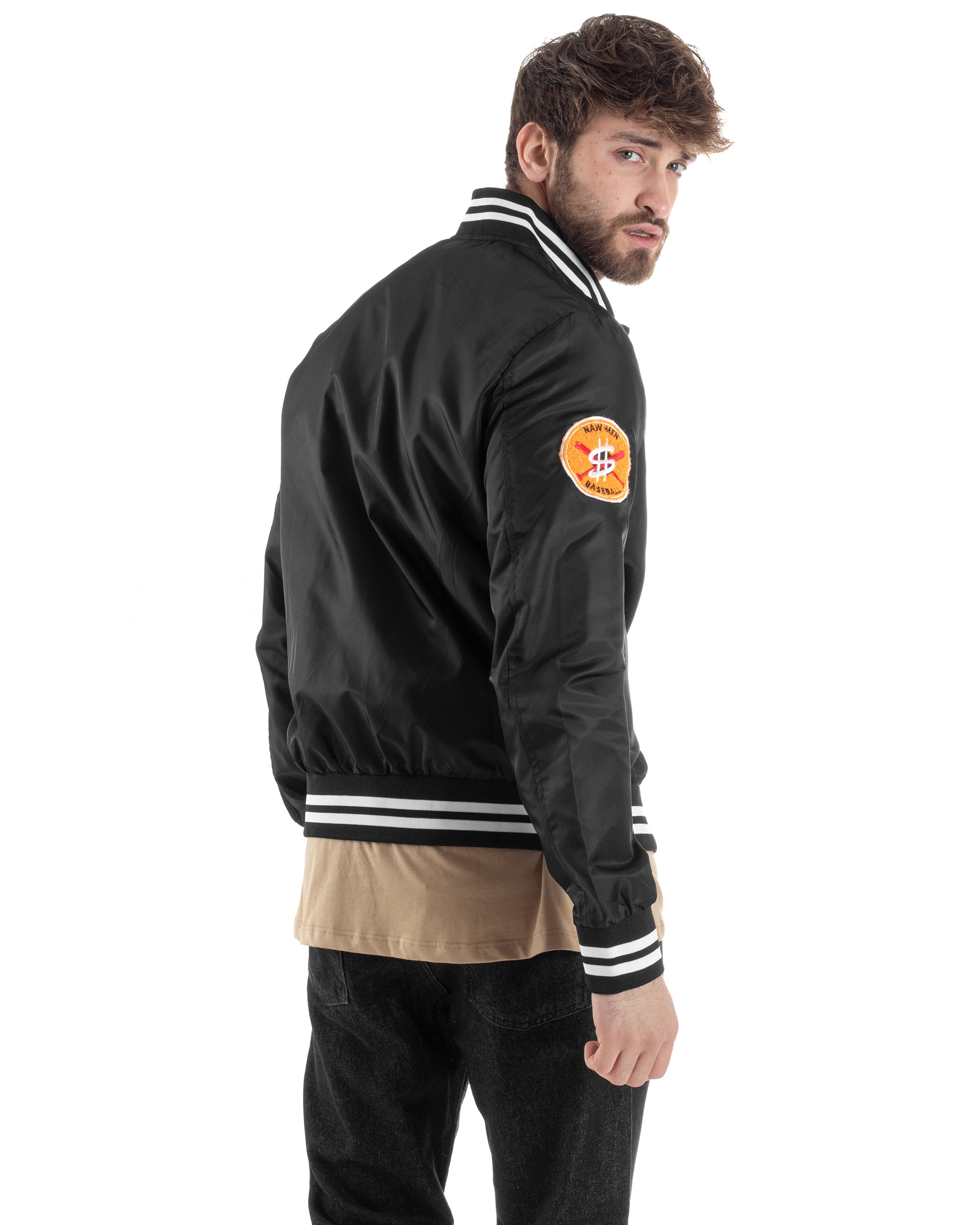 Giubbotto Uomo Giacca College Bomber Con Patch Tessuto Tecnico Nero GIOSAL-G3177A