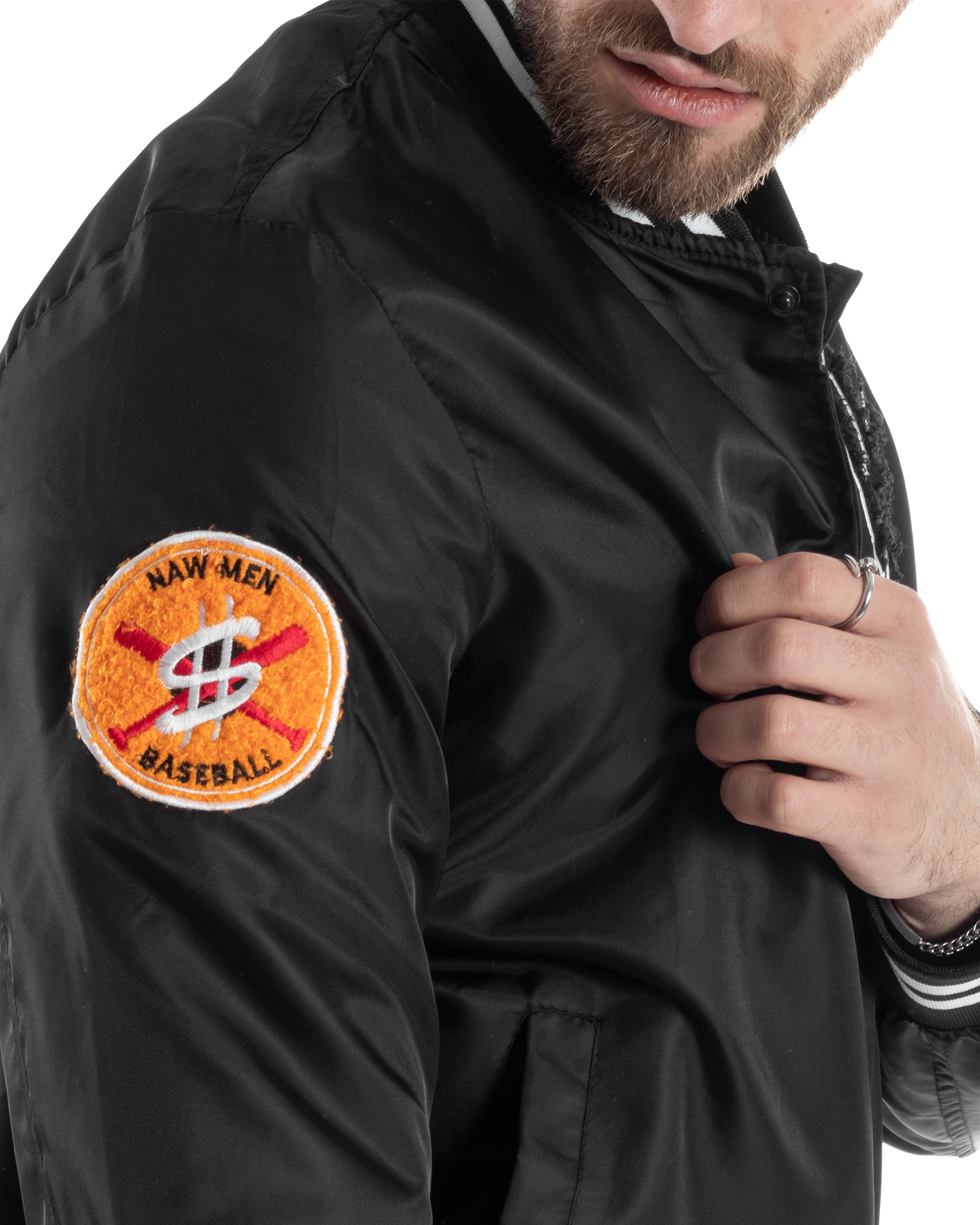 Giubbotto Uomo Giacca College Bomber Con Patch Tessuto Tecnico Nero GIOSAL-G3177A