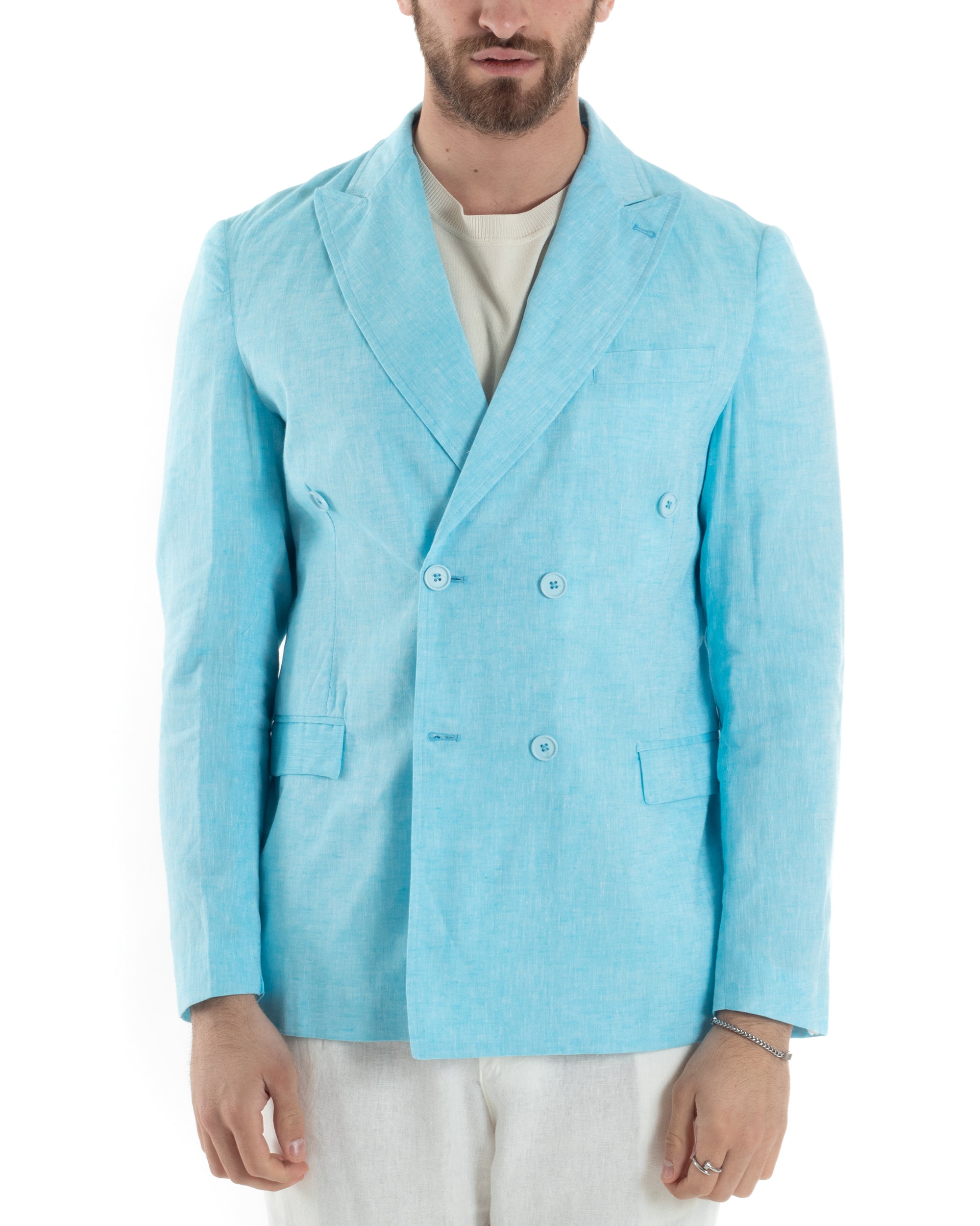 Giacca Uomo Lino Doppiopetto Melangiata Cerimonia Elegante Casual Turchese GIOSAL-G3182A
