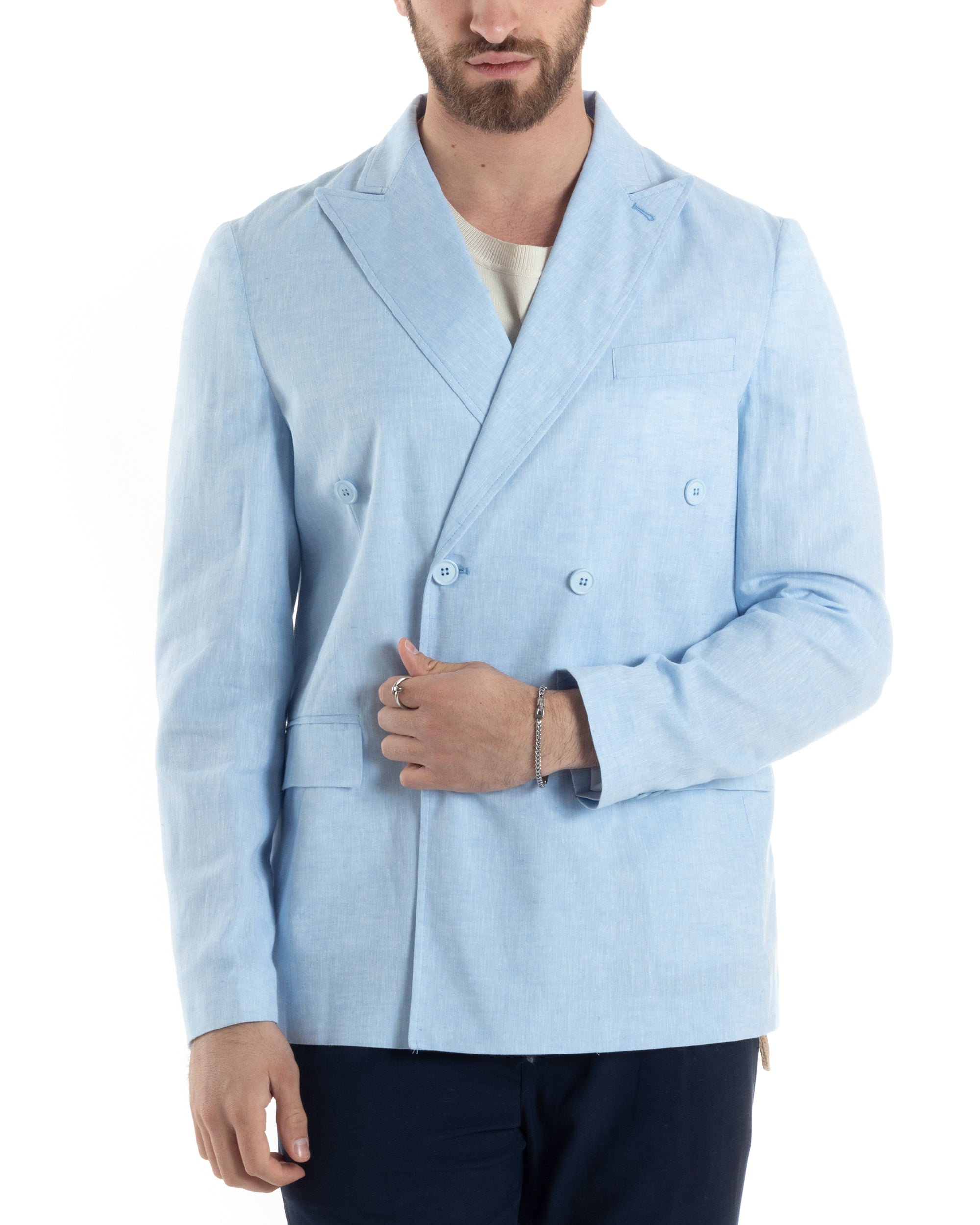 Giacca Uomo Lino Doppiopetto Melangiata Cerimonia Elegante Casual Celeste GIOSAL-G3185A