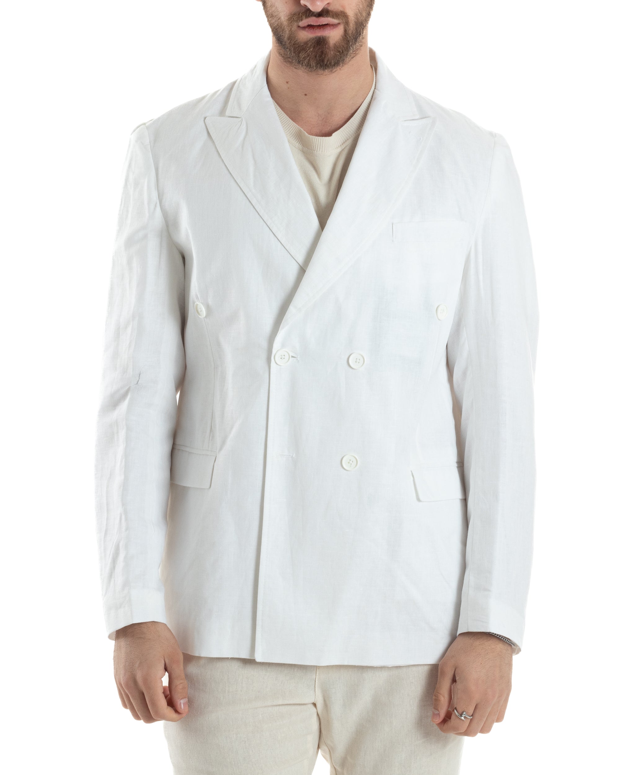 Giacca Uomo Lino Doppiopetto Melangiata Cerimonia Elegante Casual Bianco GIOSAL-G3187A