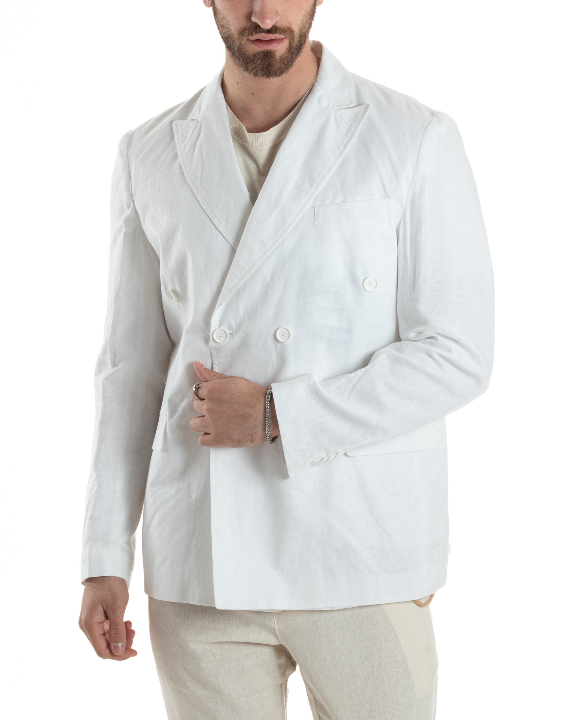 Giacca Uomo Lino Doppiopetto Melangiata Cerimonia Elegante Casual Bianco GIOSAL-G3187A