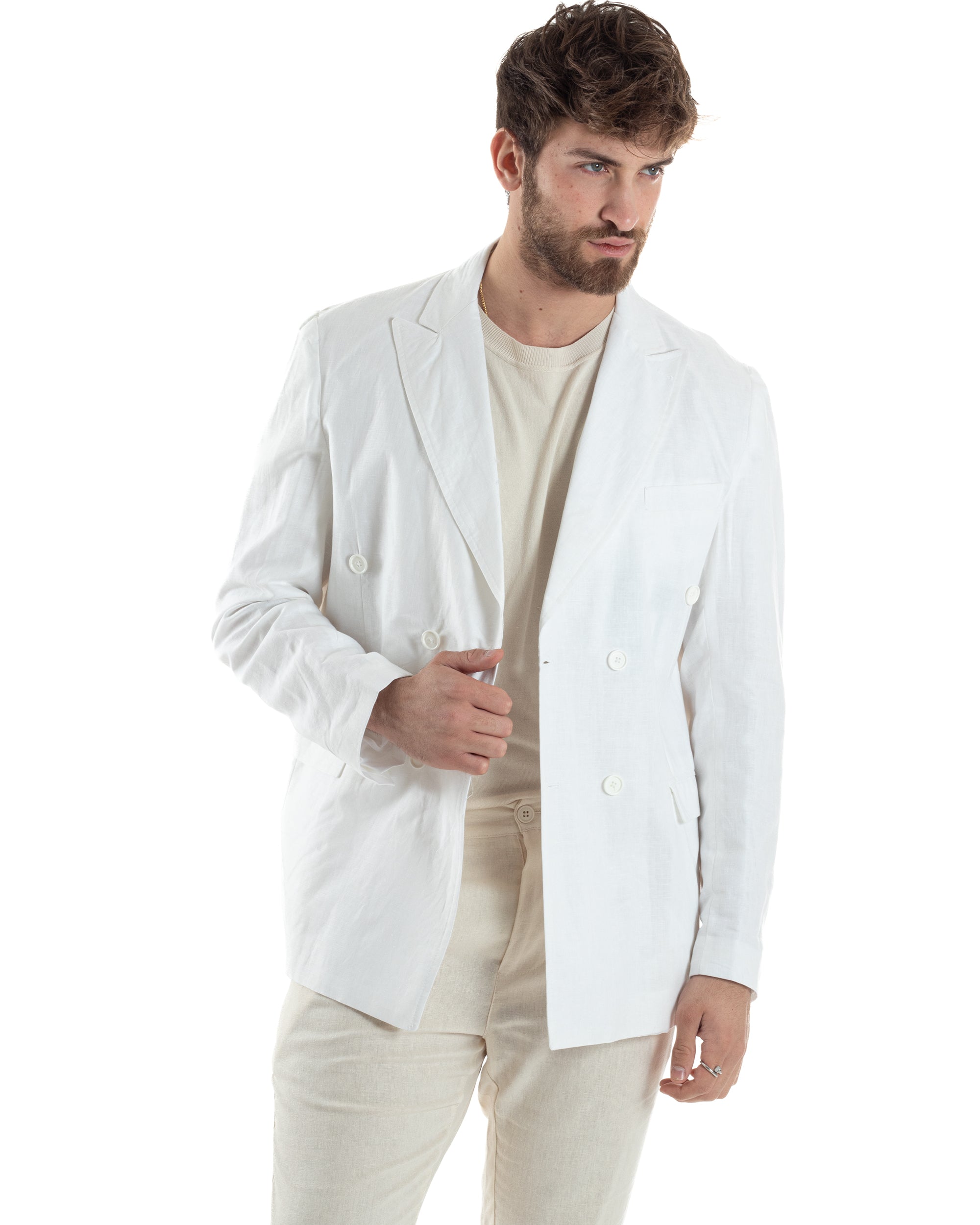 Giacca Uomo Lino Doppiopetto Melangiata Cerimonia Elegante Casual Bianco GIOSAL-G3187A