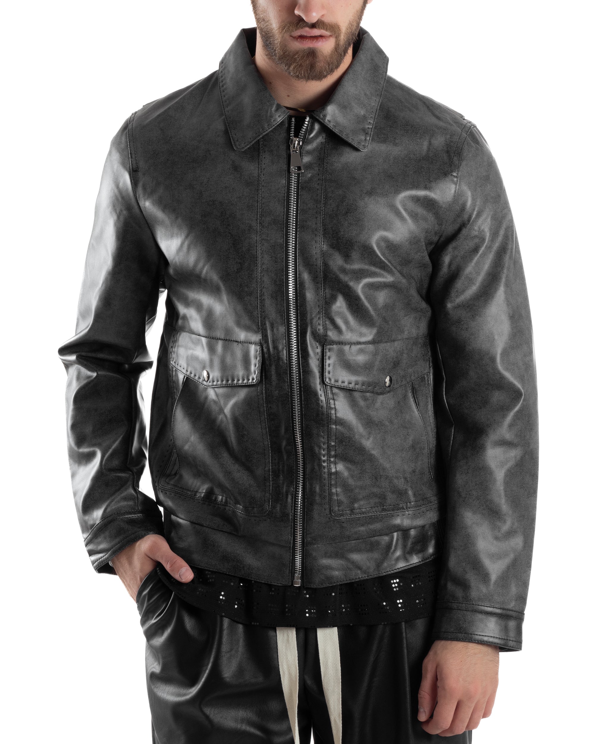 Giubbotto Uomo Giacca Con Colletto Ecopelle Tasche Con Patta Nero Casu