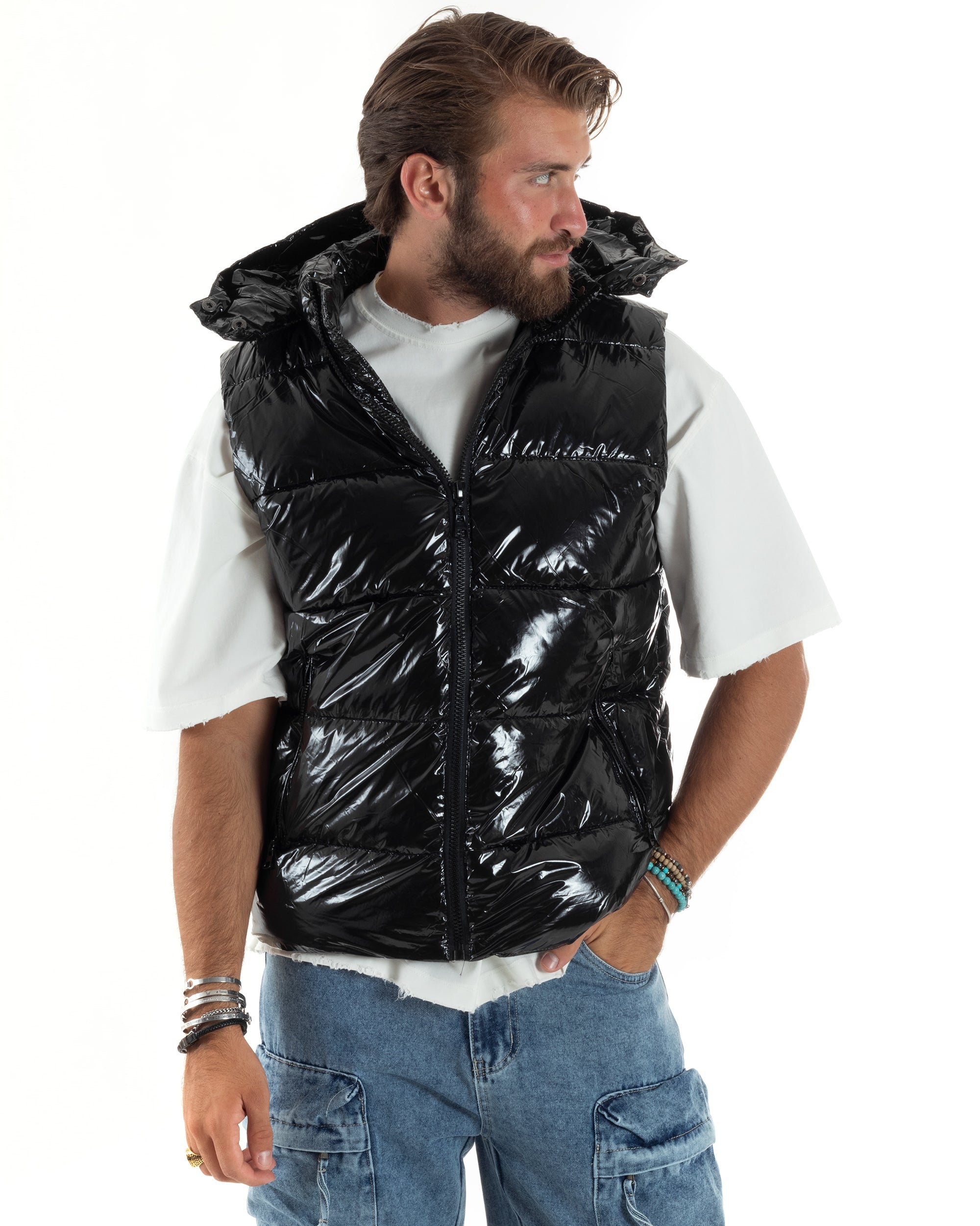 Gilet Giubbotto Uomo Con Cappuccio Vernice Lucido Bomber Imbottito Puffer Tinta Unita Nero GIOSAL G3202A