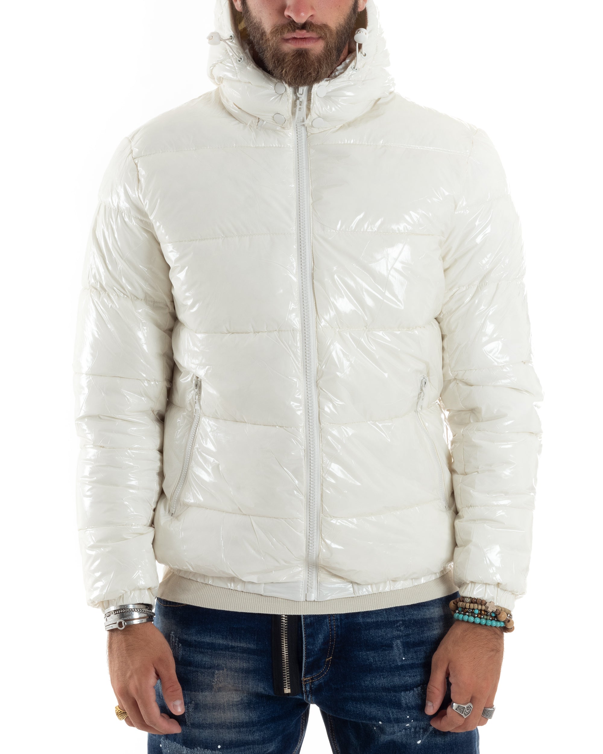 Giubbotto Uomo Vernice Lucido Bomber Con Cappuccio Puffer Piumino Trapuntato Tinta Unita Bianco GIOSAL-G3219A