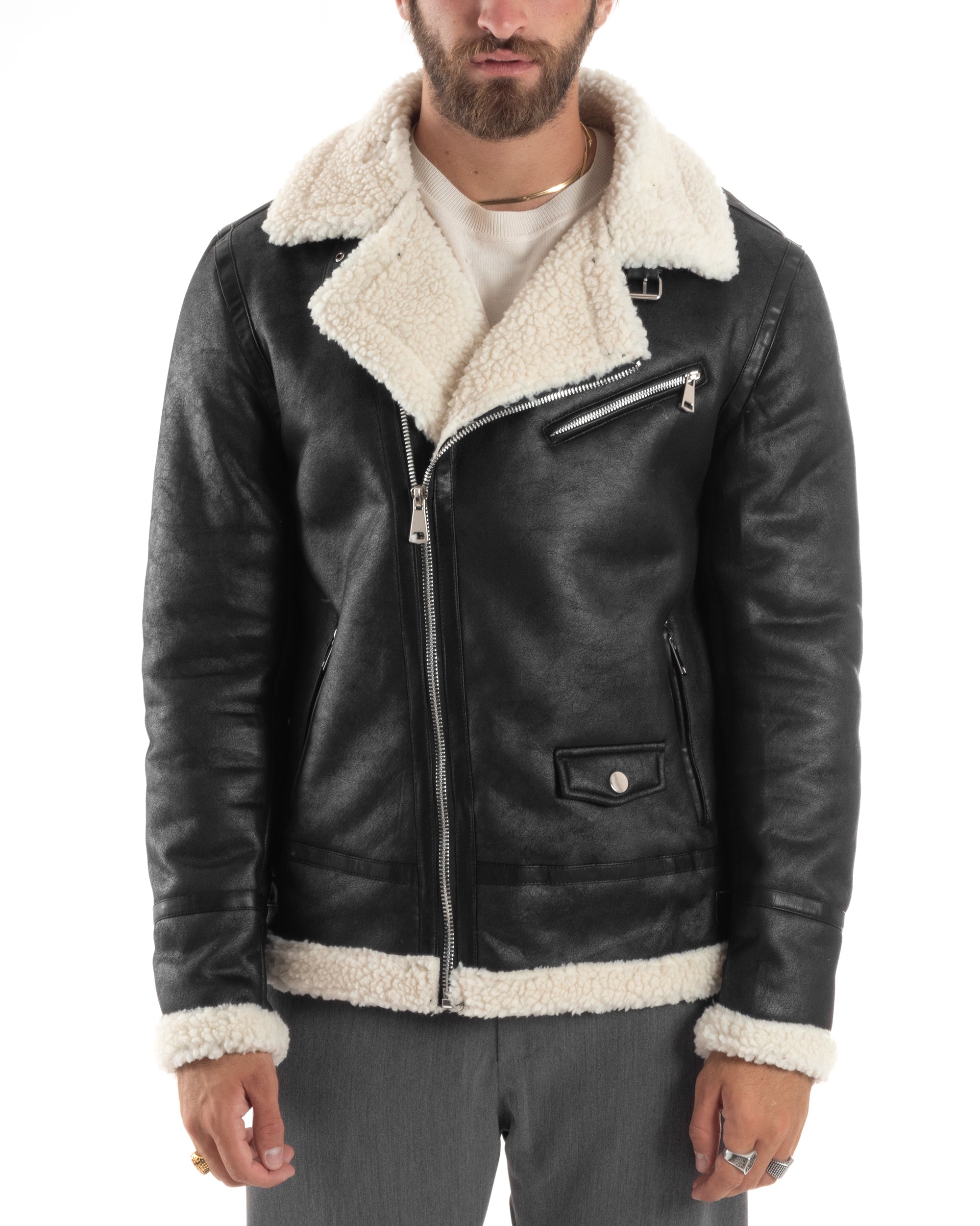 Giubbotto Montone Uomo Camoscio Imbottito Chiodo Caldo Giacca Aviatore Con Zip Con Collo In Pelliccia Casual Nero GIOSAL-G3220A