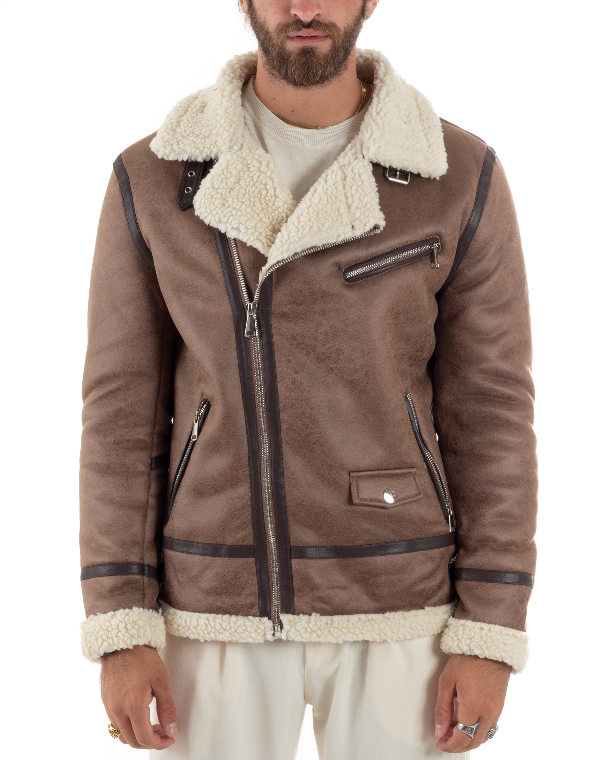 Giubbotto Montone Uomo Camoscio Imbottito Chiodo Caldo Giacca Aviatore Con Zip Con Collo In Pelliccia Casual Camel GIOSAL-G3222A