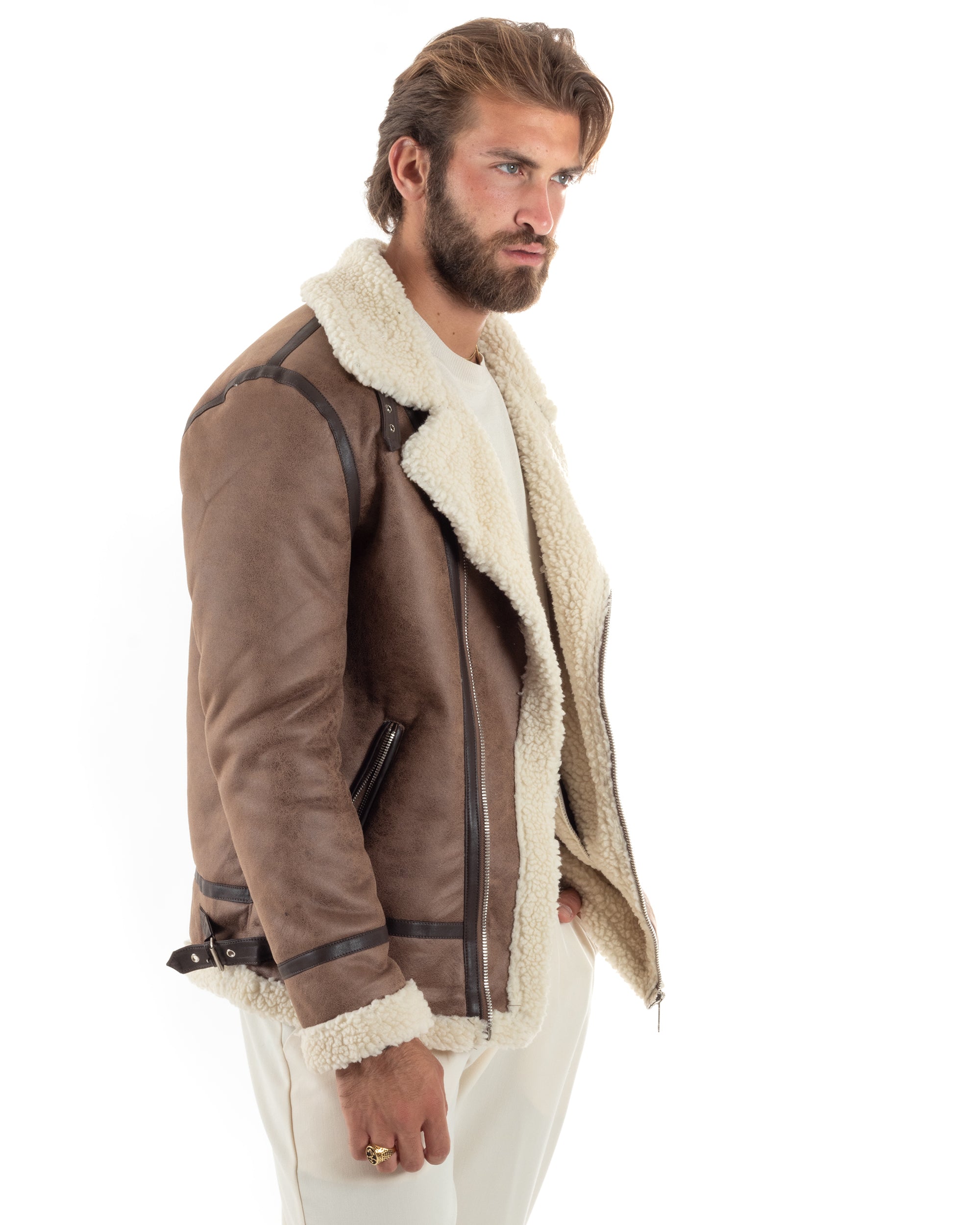 Giubbotto Montone Uomo Camoscio Imbottito Chiodo Caldo Giacca Aviatore Con Zip Con Collo In Pelliccia Casual Camel GIOSAL-G3222A