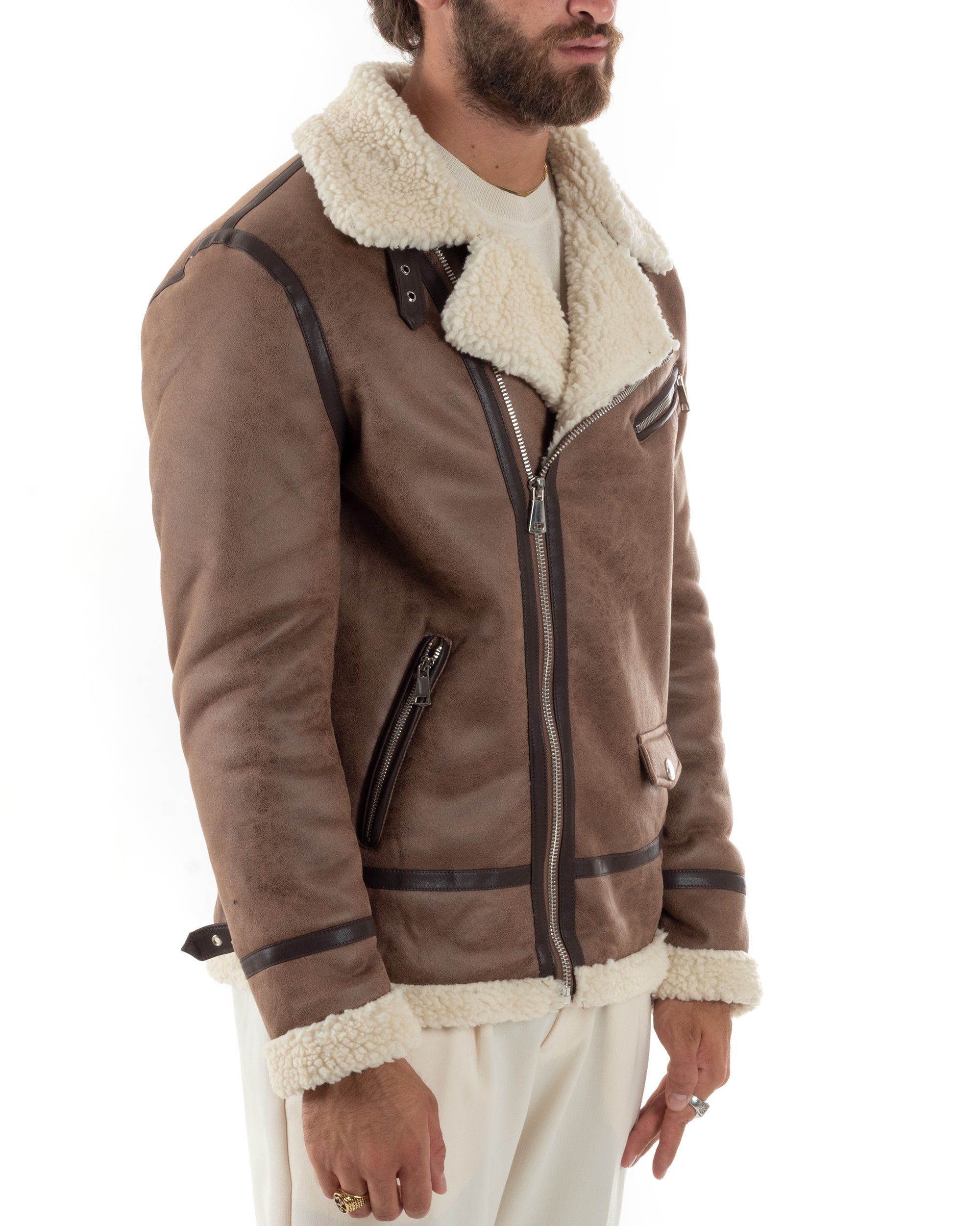 Giubbotto Montone Uomo Camoscio Imbottito Chiodo Caldo Giacca Aviatore Con Zip Con Collo In Pelliccia Casual Camel GIOSAL-G3222A