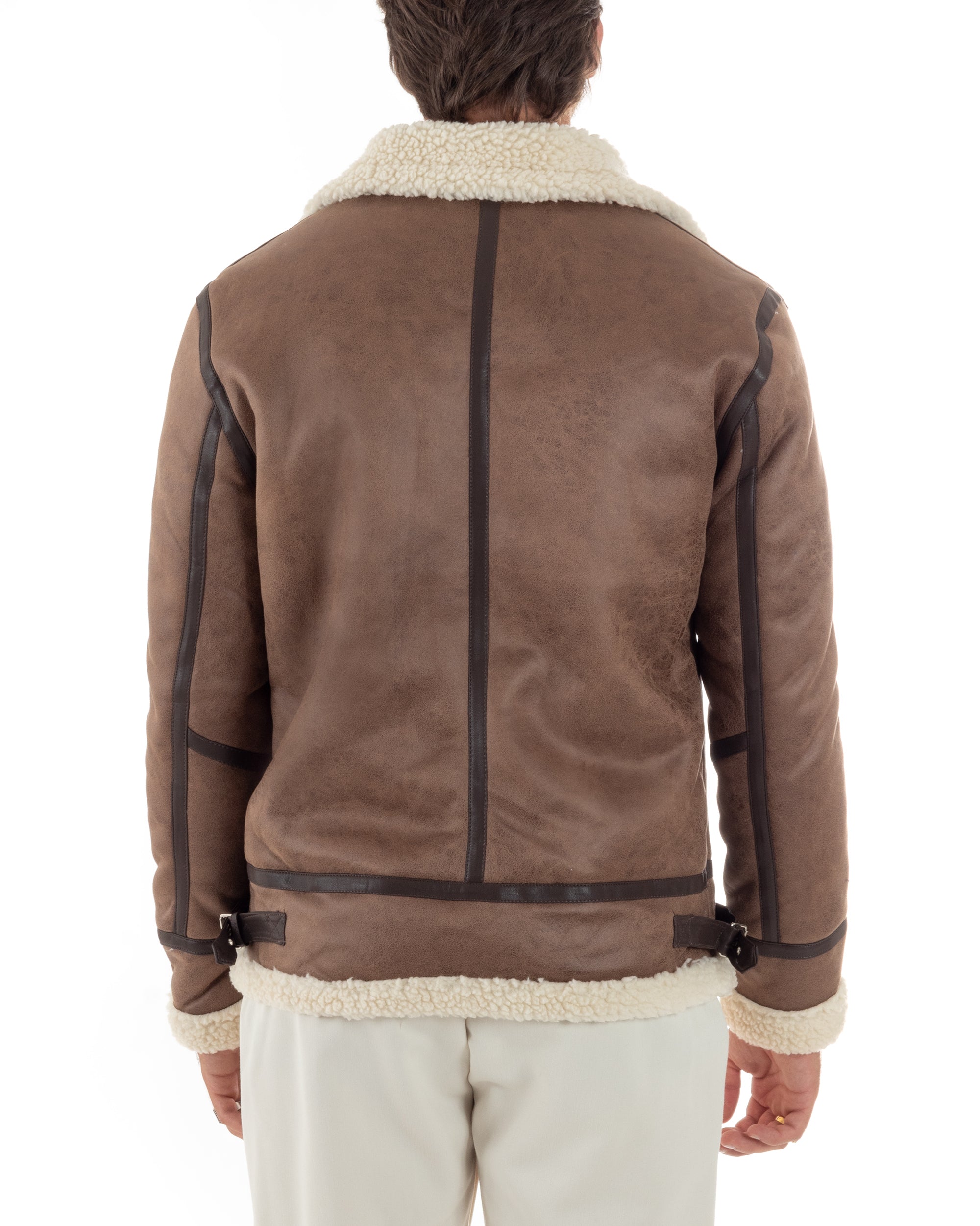 Giubbotto Montone Uomo Camoscio Imbottito Chiodo Caldo Giacca Aviatore Con Zip Con Collo In Pelliccia Casual Camel GIOSAL-G3222A