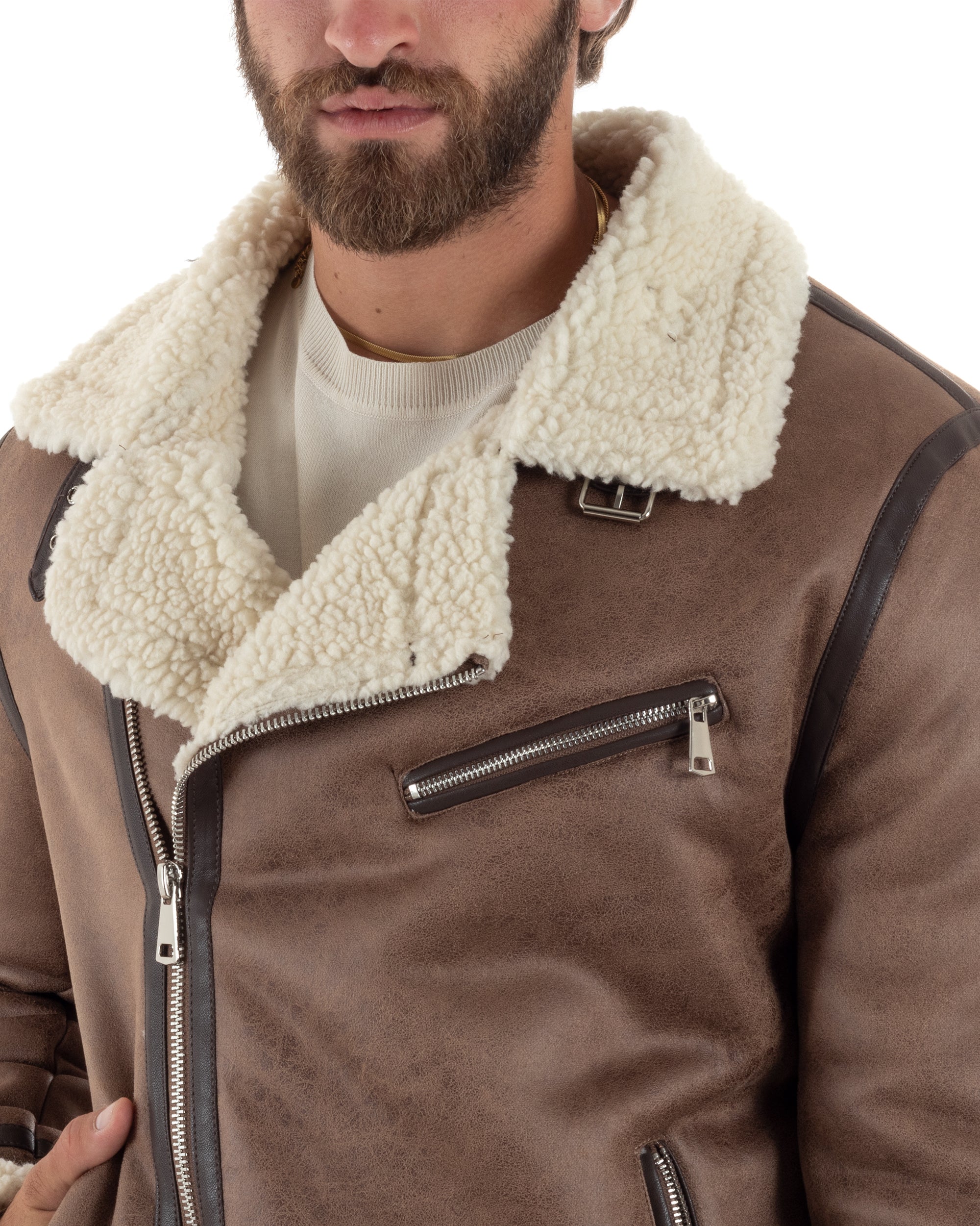 Giubbotto Montone Uomo Camoscio Imbottito Chiodo Caldo Giacca Aviatore Con Zip Con Collo In Pelliccia Casual Camel GIOSAL-G3222A