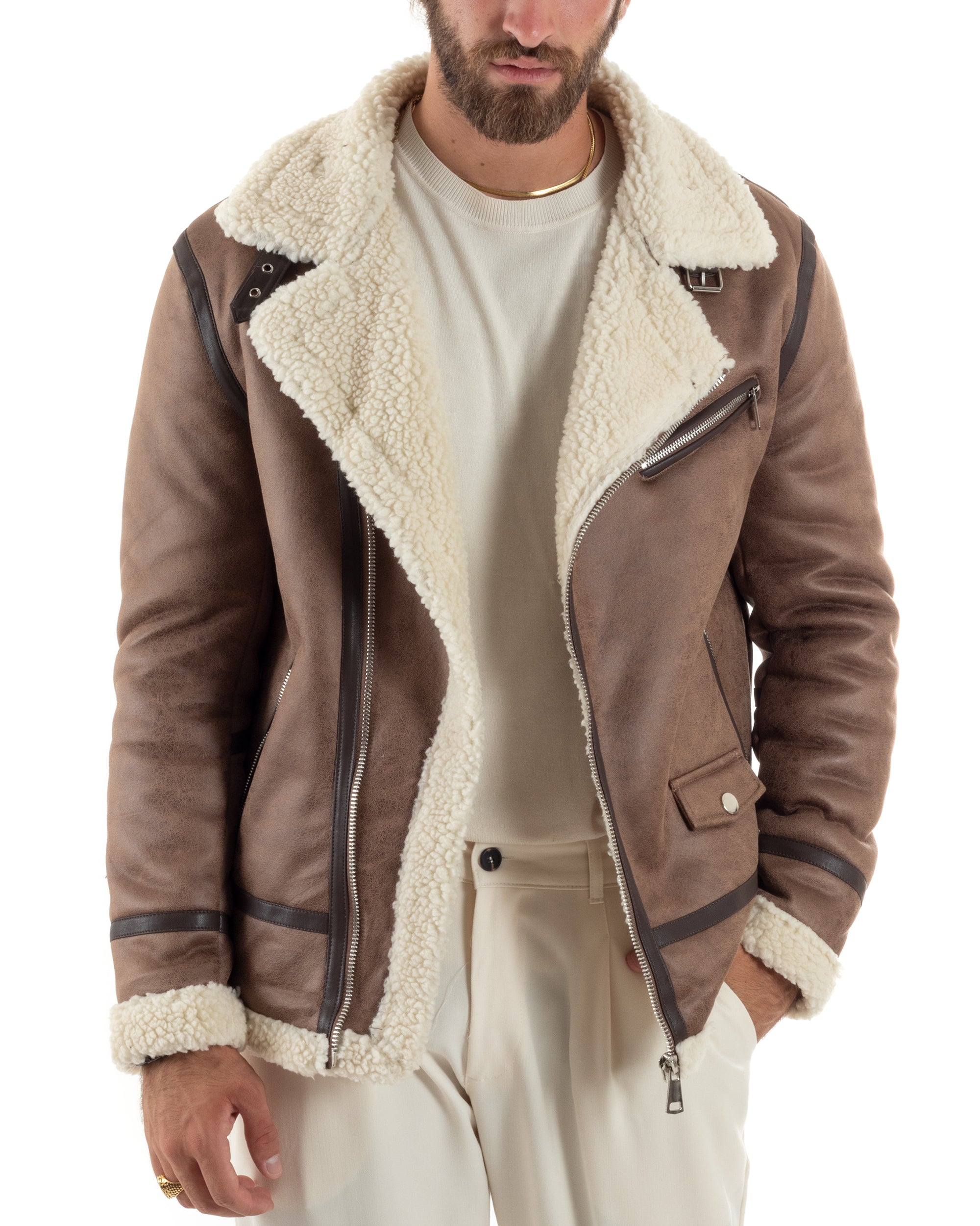 Giubbotto Montone Uomo Camoscio Imbottito Chiodo Caldo Giacca Aviatore Con Zip Con Collo In Pelliccia Casual Camel GIOSAL-G3222A