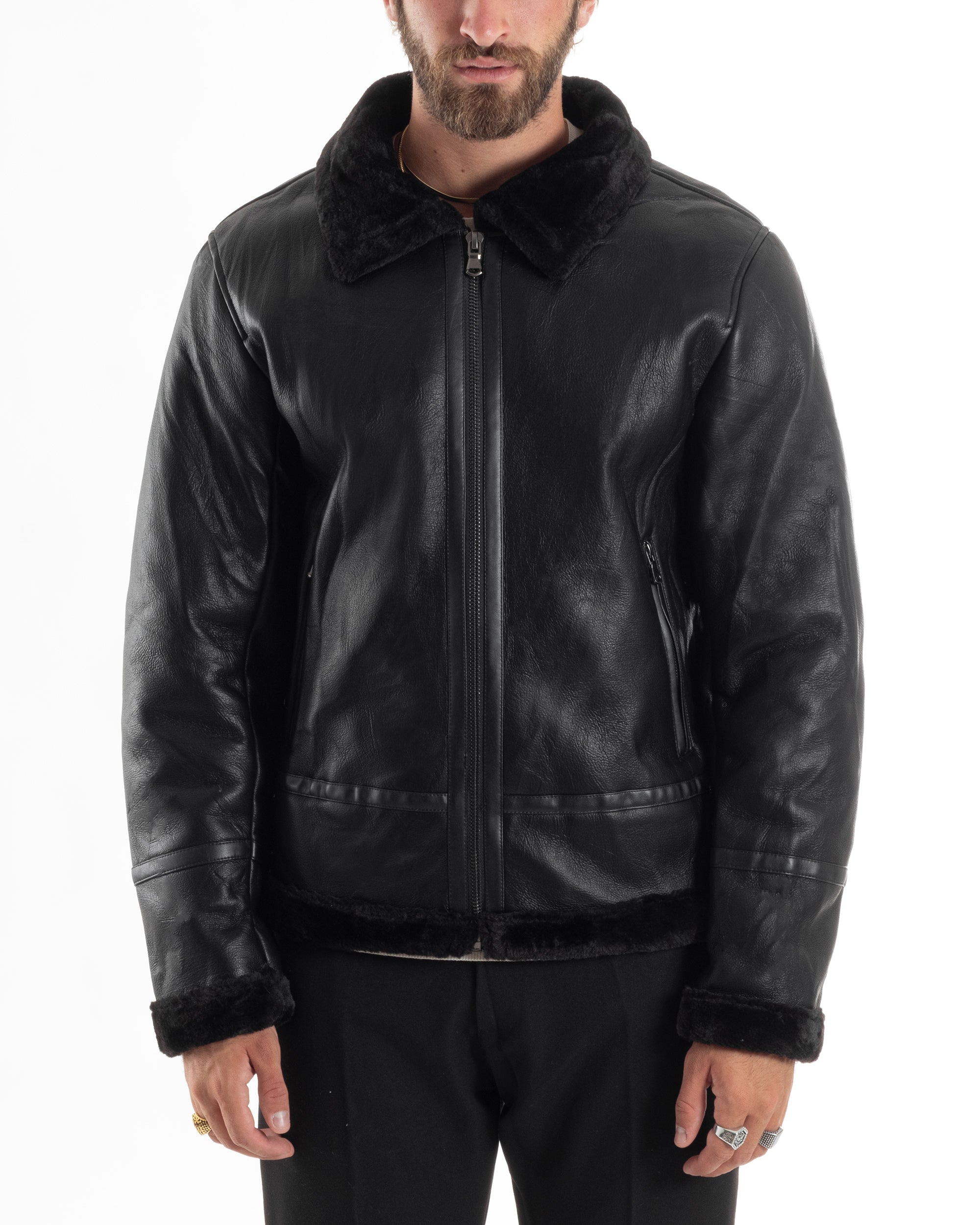 Giubbotto Montone Uomo Ecopelle College Con Zip Giacca Con Collo Imbottito Caldo Aviatore Con Pelliccia Casual Nero GIOSAL-G3225A