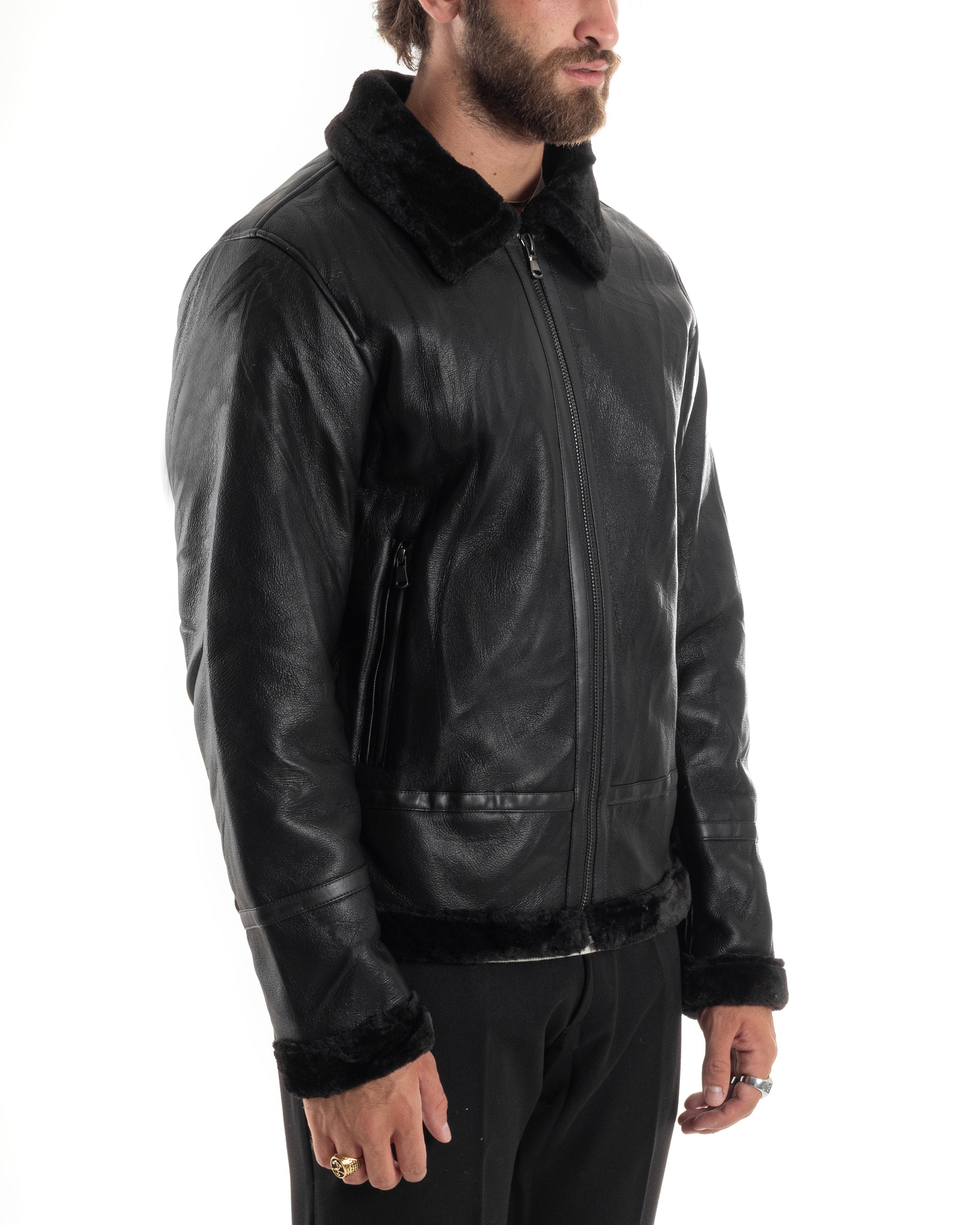 Giubbotto Montone Uomo Ecopelle College Con Zip Giacca Con Collo Imbottito Caldo Aviatore Con Pelliccia Casual Nero GIOSAL-G3225A