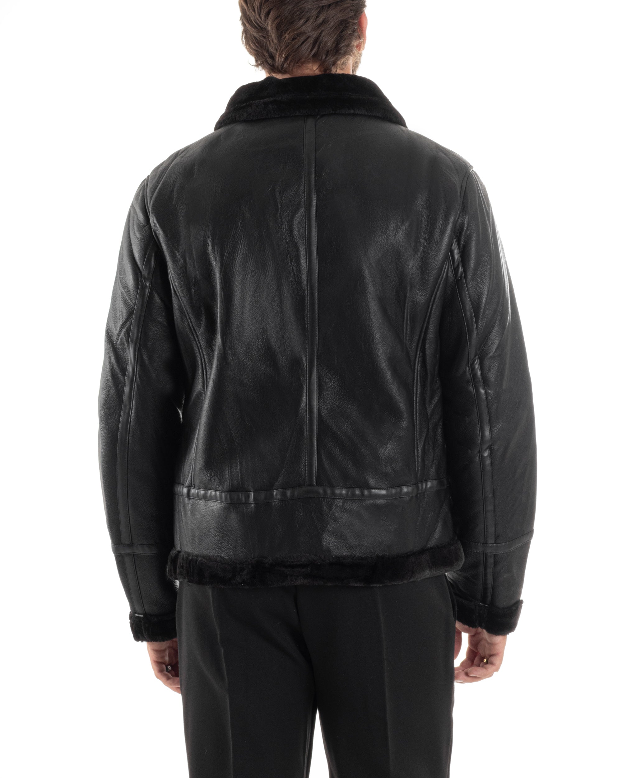 Giubbotto Montone Uomo Ecopelle College Con Zip Giacca Con Collo Imbottito Caldo Aviatore Con Pelliccia Casual Nero GIOSAL-G3225A