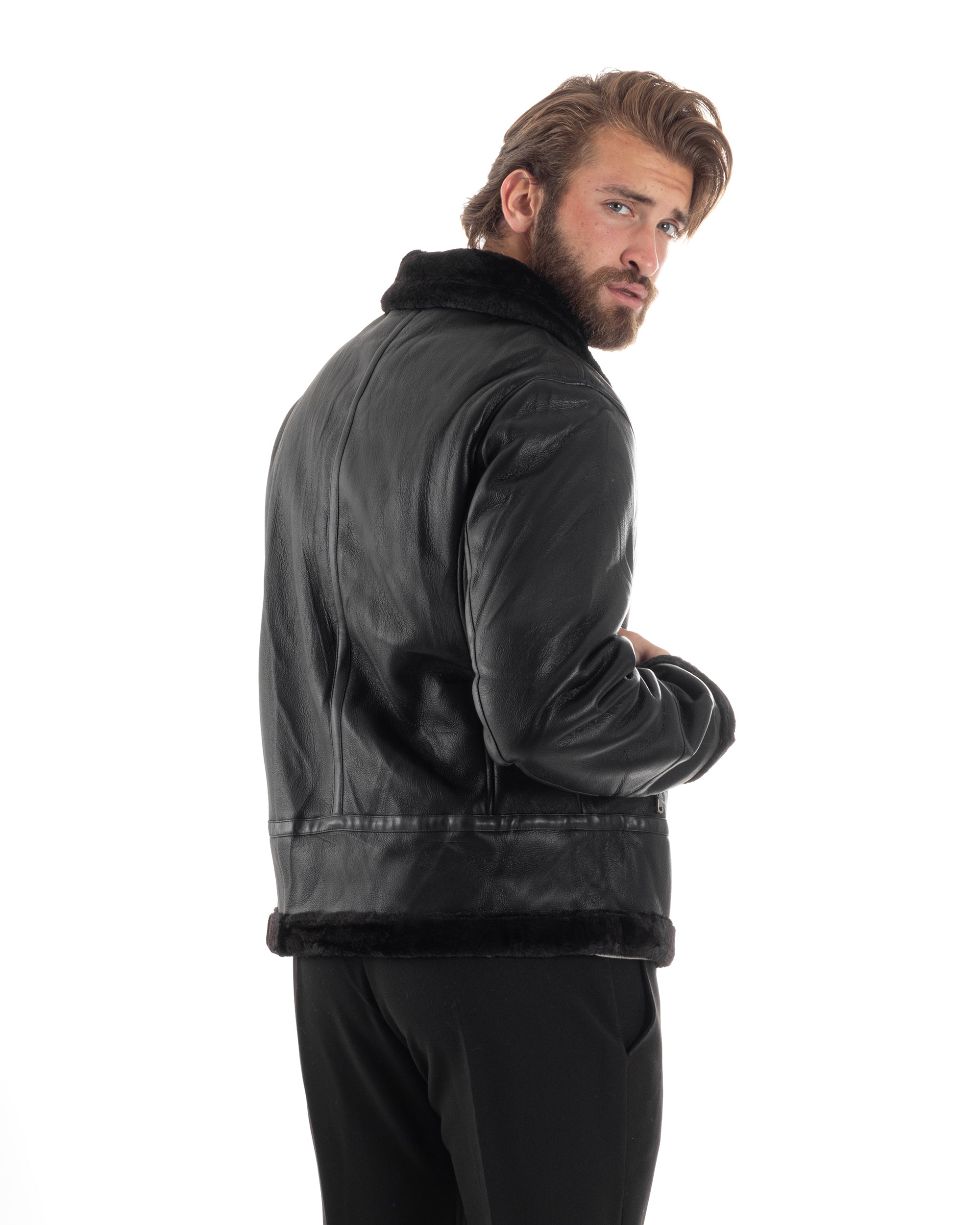 Giubbotto Montone Uomo Ecopelle College Con Zip Giacca Con Collo Imbottito Caldo Aviatore Con Pelliccia Casual Nero GIOSAL-G3225A