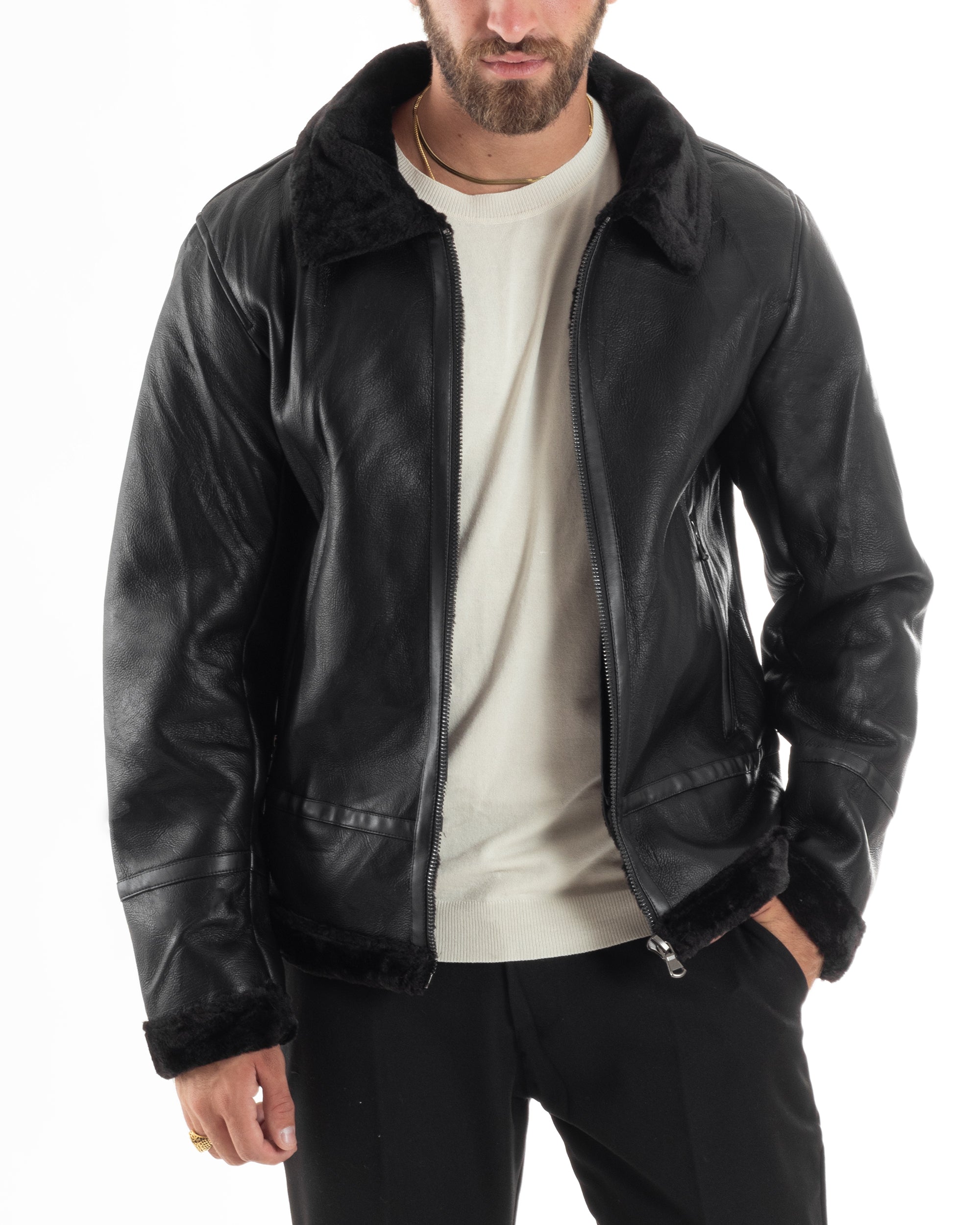 Giubbotto Montone Uomo Ecopelle College Con Zip Giacca Con Collo Imbottito Caldo Aviatore Con Pelliccia Casual Nero GIOSAL-G3225A