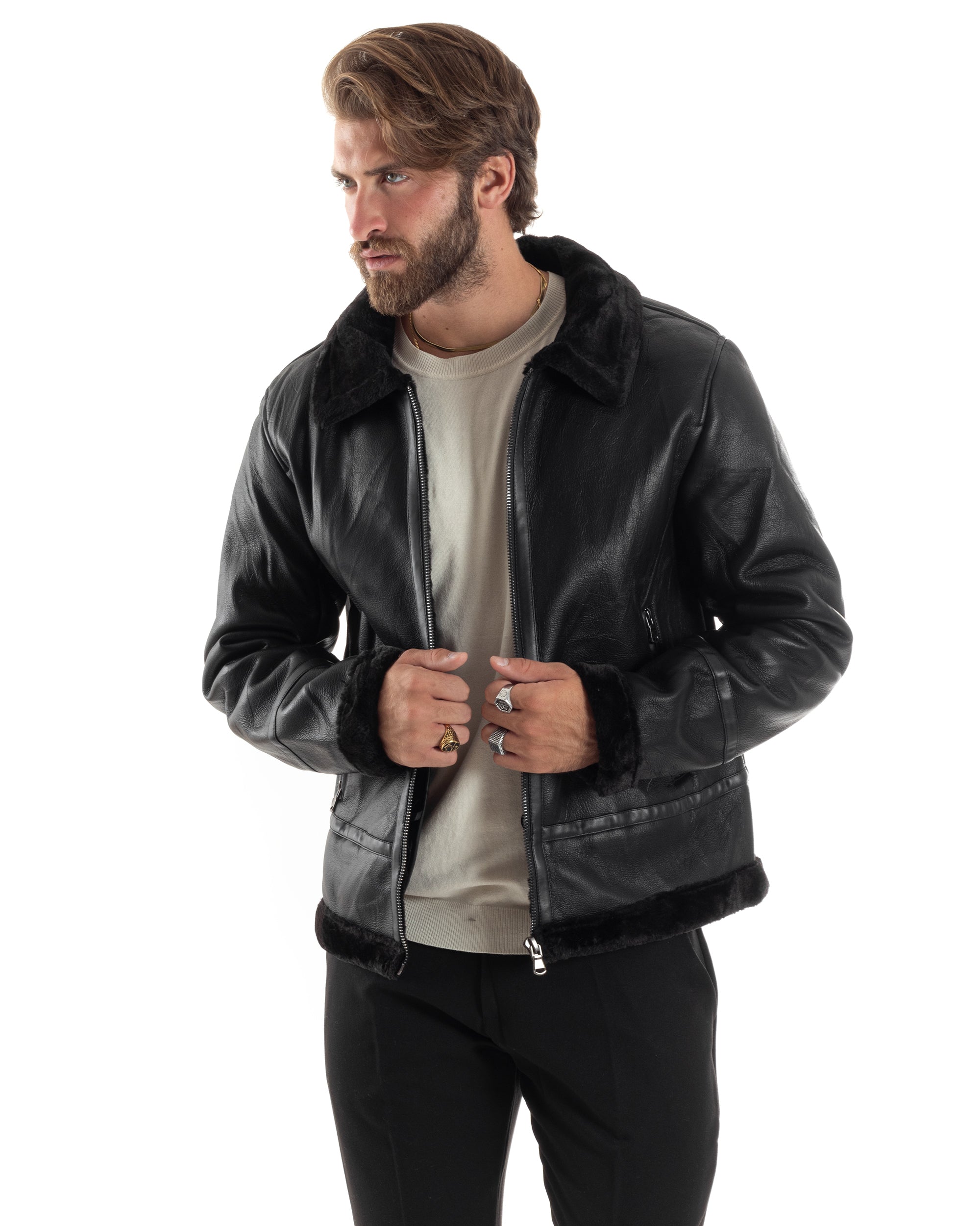 Giubbotto Montone Uomo Ecopelle College Con Zip Giacca Con Collo Imbottito Caldo Aviatore Con Pelliccia Casual Nero GIOSAL-G3225A