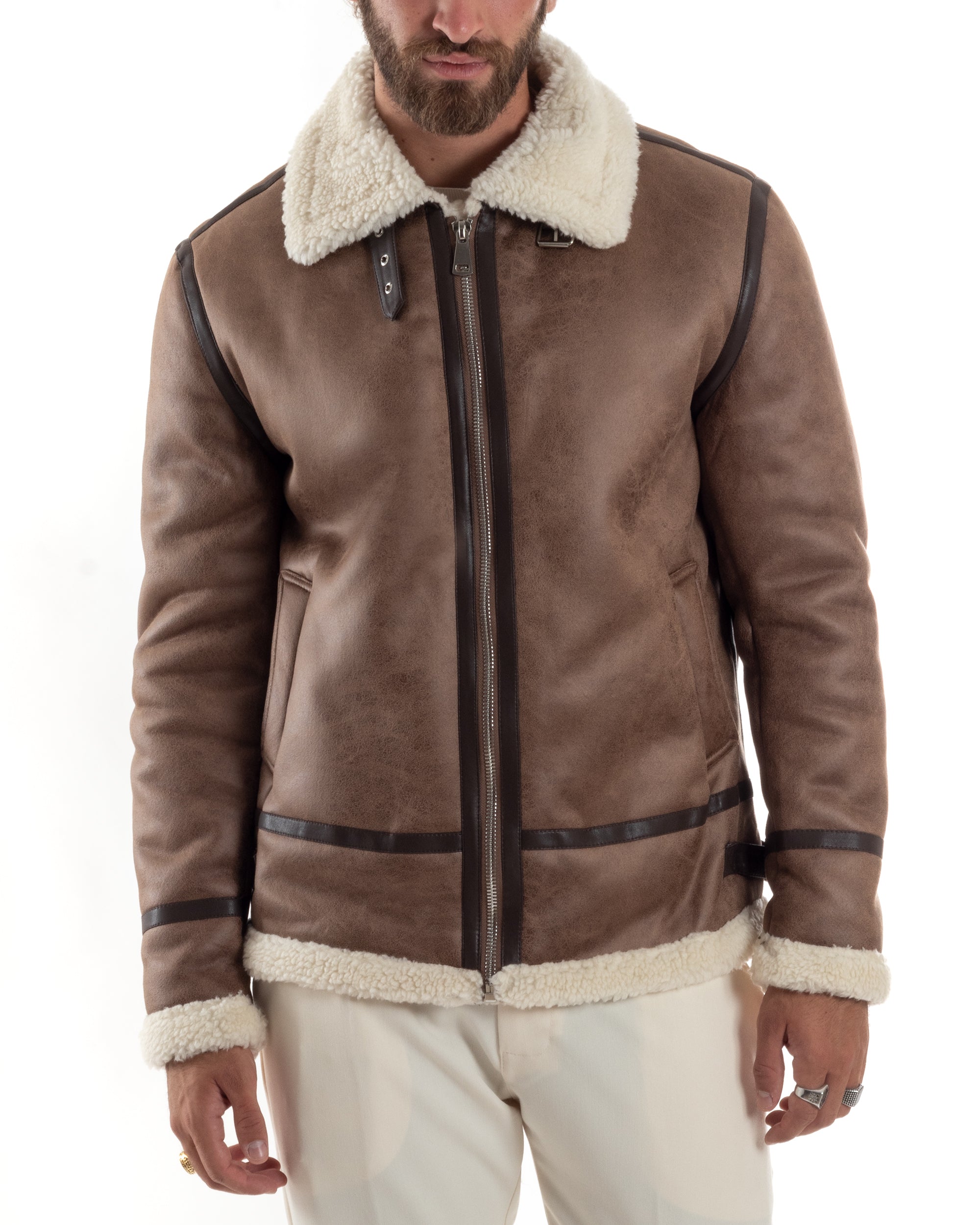 Giubbotto Montone Uomo Camoscio Con Zip Aviatore Con Pelliccia Giacca
