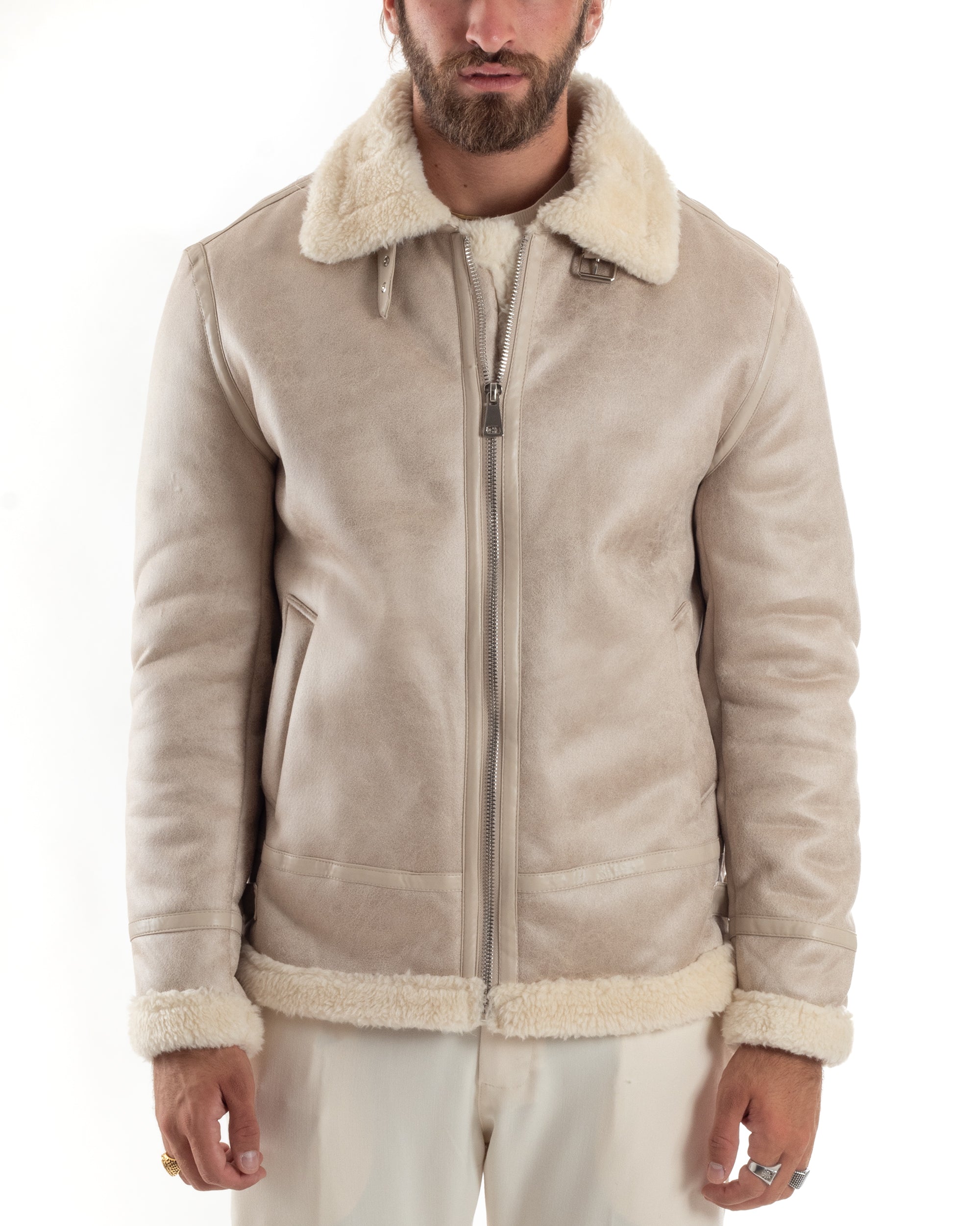 Giubbotto Montone Uomo Camoscio Con Zip Aviatore Con Pelliccia Giacca