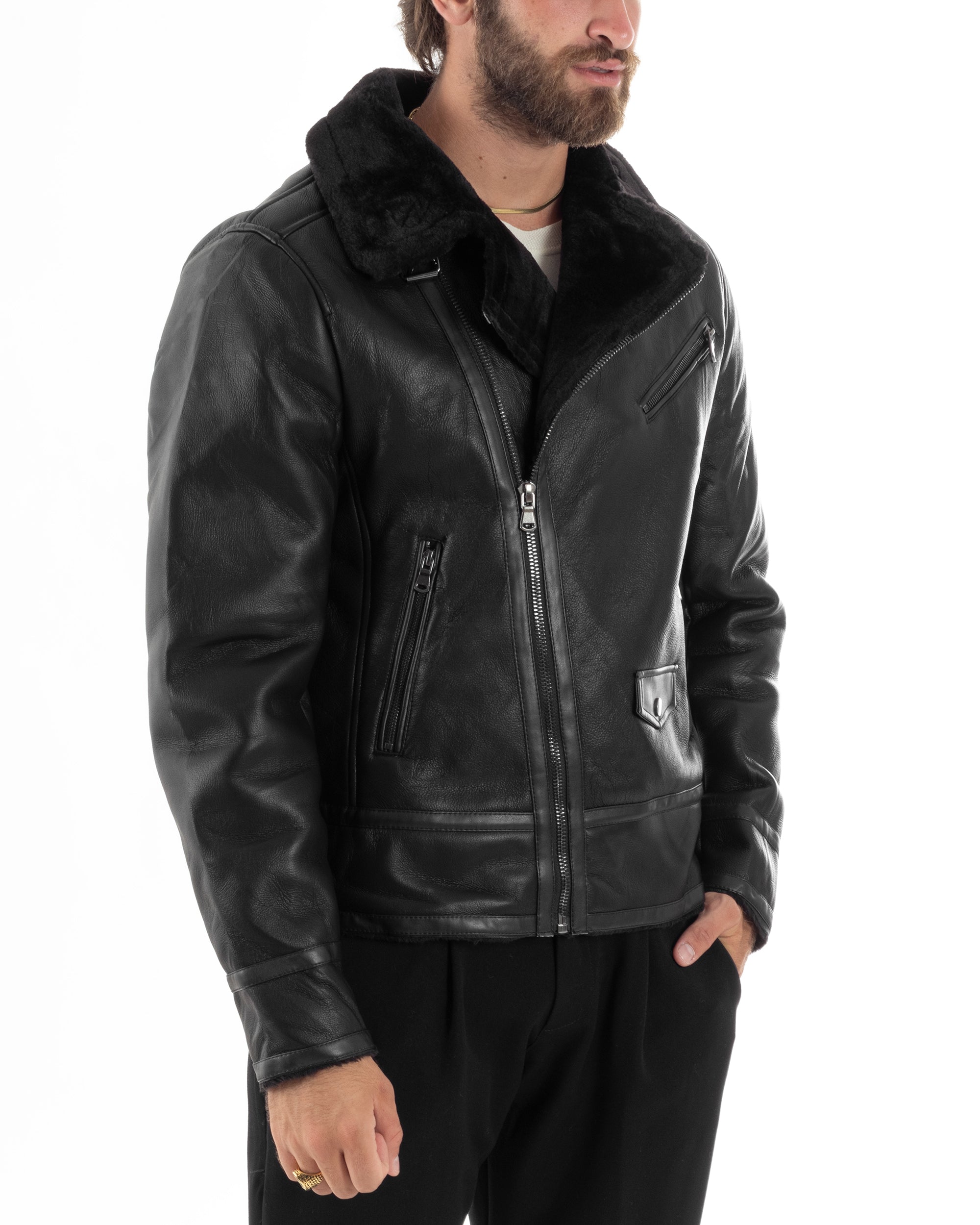 Giubbotto Montone Uomo Ecopelle Imbottito Chiodo Caldo Giacca Aviatore Con Collo In Pelliccia Con Zip Casual Nero GIOSAL-G3231A