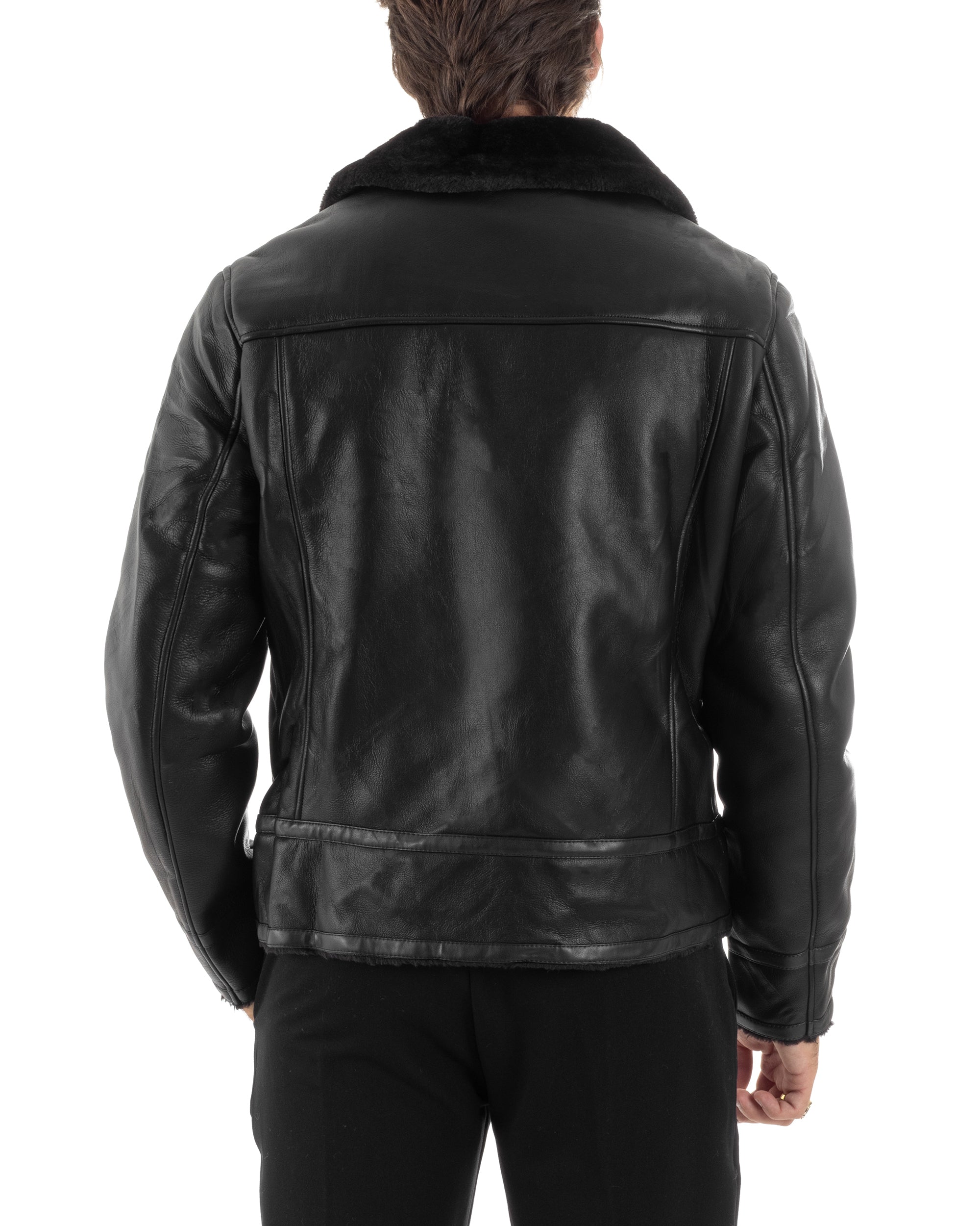 Giubbotto Montone Uomo Ecopelle Imbottito Chiodo Caldo Giacca Aviatore Con Collo In Pelliccia Con Zip Casual Nero GIOSAL-G3231A