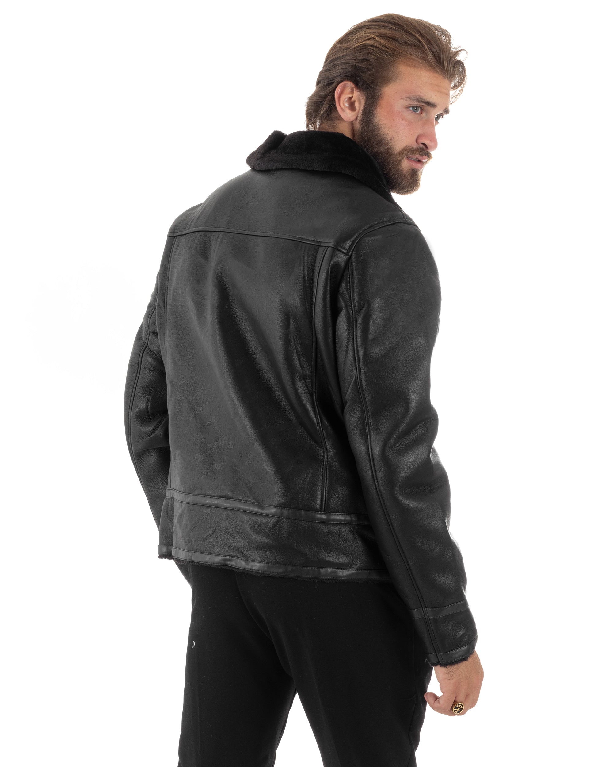 Giubbotto Montone Uomo Ecopelle Imbottito Chiodo Caldo Giacca Aviatore Con Collo In Pelliccia Con Zip Casual Nero GIOSAL-G3231A