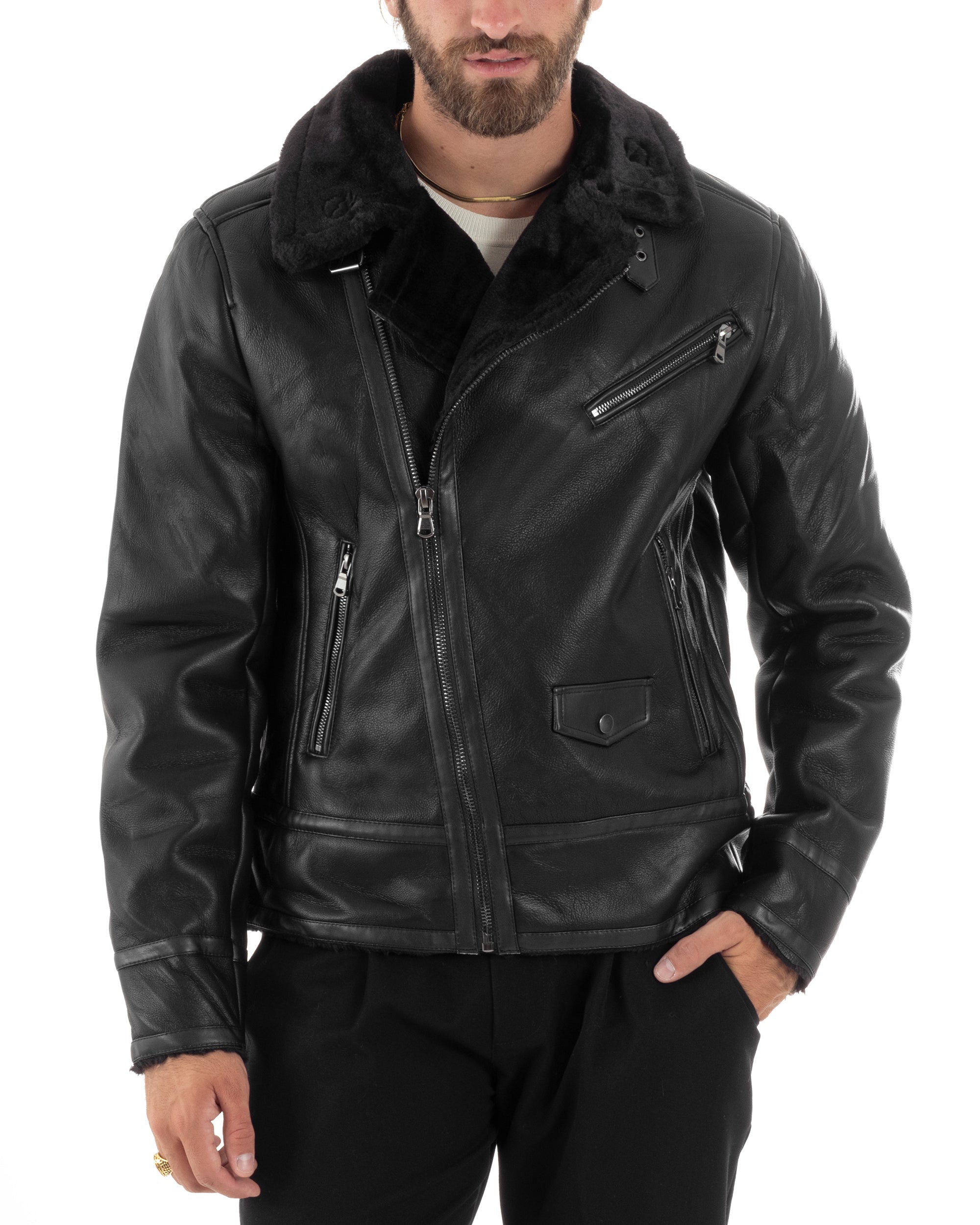 Giubbotto Montone Uomo Ecopelle Imbottito Chiodo Caldo Giacca Aviatore