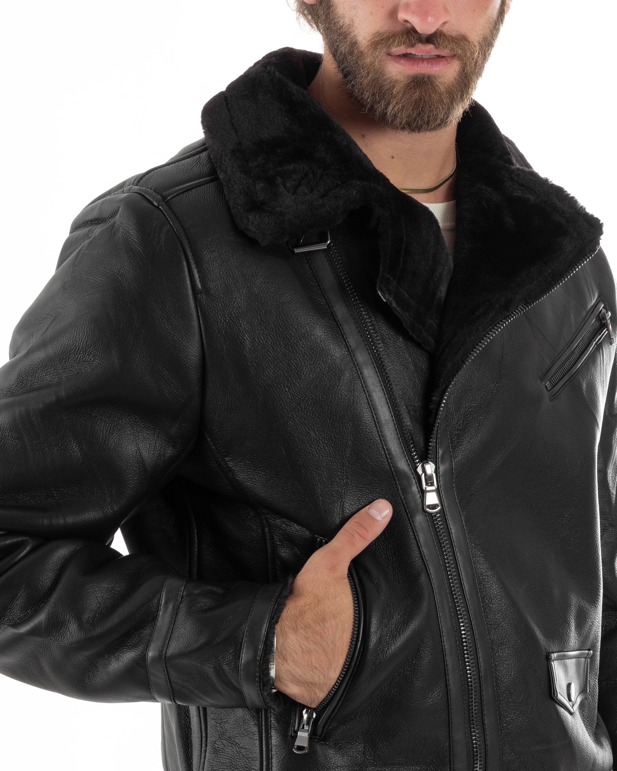 Giubbotto Montone Uomo Ecopelle Imbottito Chiodo Caldo Giacca Aviatore Con Collo In Pelliccia Con Zip Casual Nero GIOSAL-G3231A