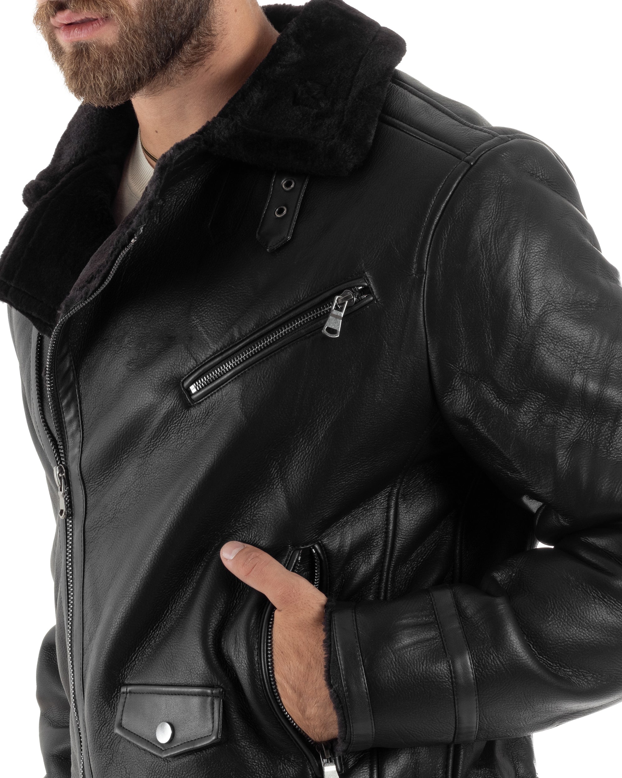 Giubbotto Montone Uomo Ecopelle Imbottito Chiodo Caldo Giacca Aviatore Con Collo In Pelliccia Con Zip Casual Nero GIOSAL-G3231A