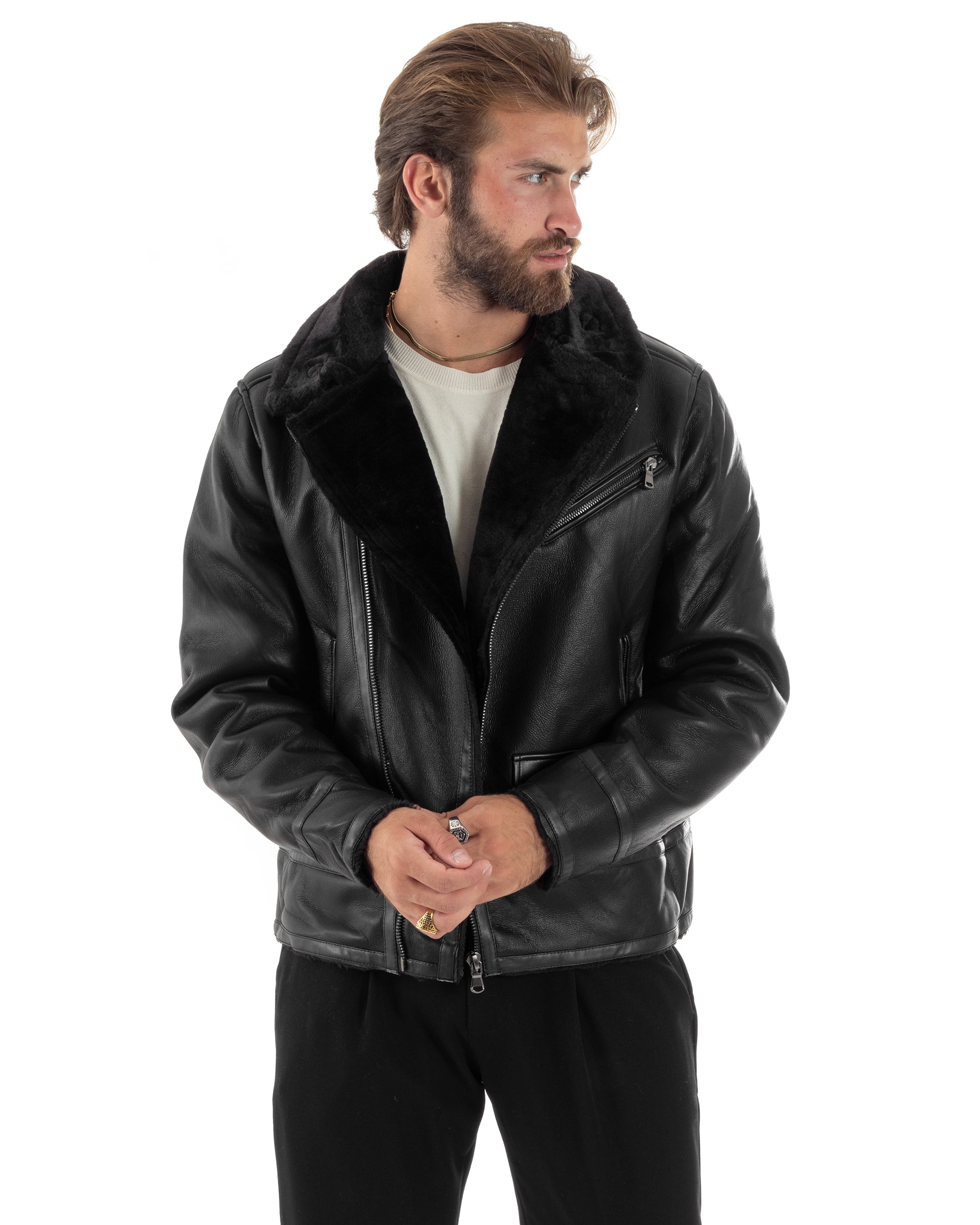Giubbotto Montone Uomo Ecopelle Imbottito Chiodo Caldo Giacca Aviatore Con Collo In Pelliccia Con Zip Casual Nero GIOSAL-G3231A
