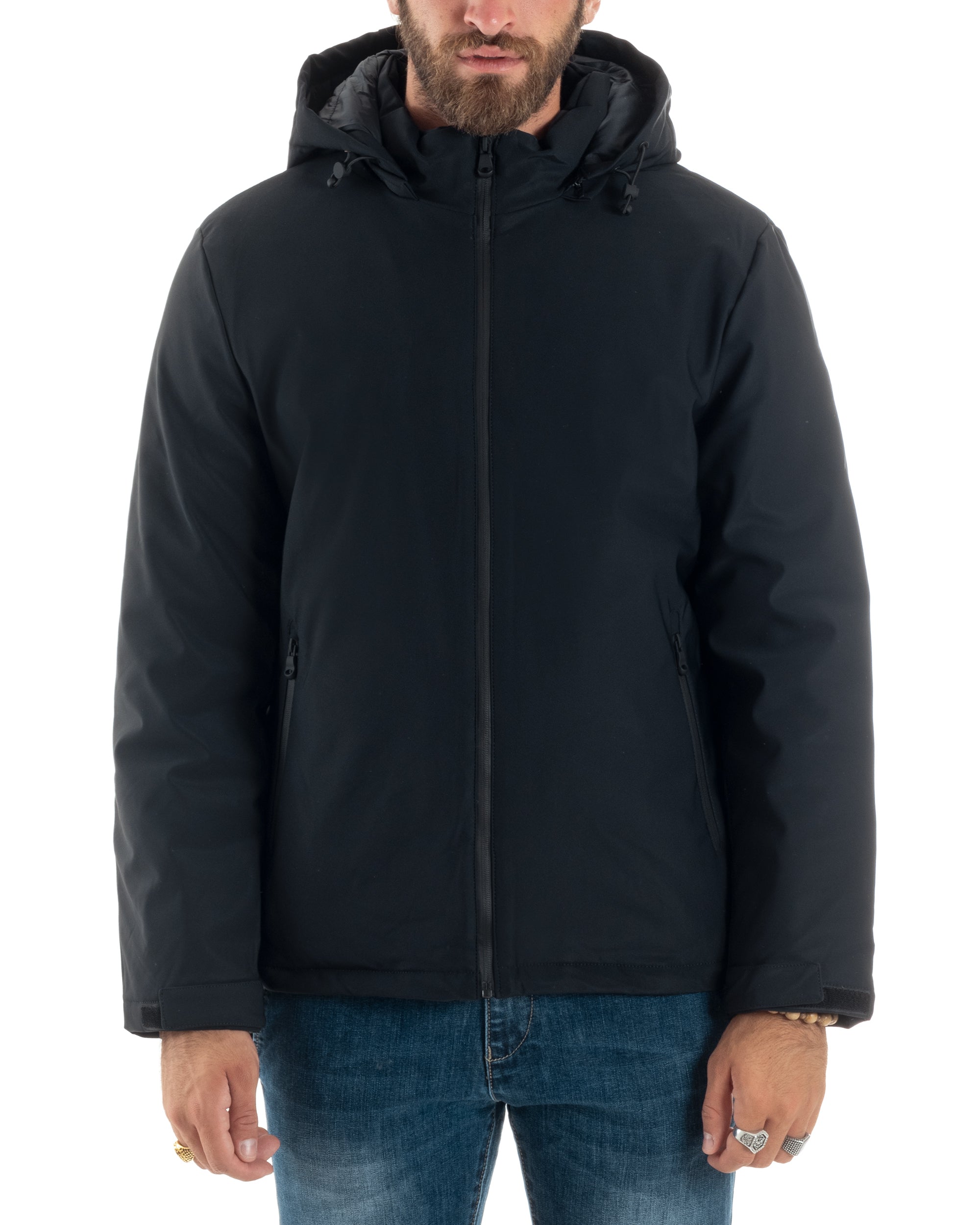 Giubbotto Uomo Con Cappuccio Removibile Trench Tessuto Tecnico Impermeabile Antivento Giaccone Imbottito Corto Tinta Unita Blu GIOSAL-G3232A