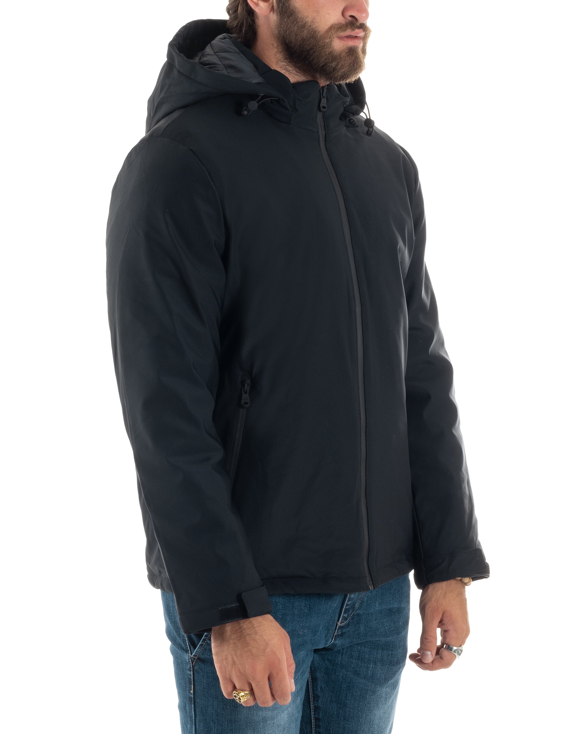 Giubbotto Uomo Con Cappuccio Removibile Trench Tessuto Tecnico Impermeabile Antivento Giaccone Imbottito Corto Tinta Unita Blu GIOSAL-G3232A