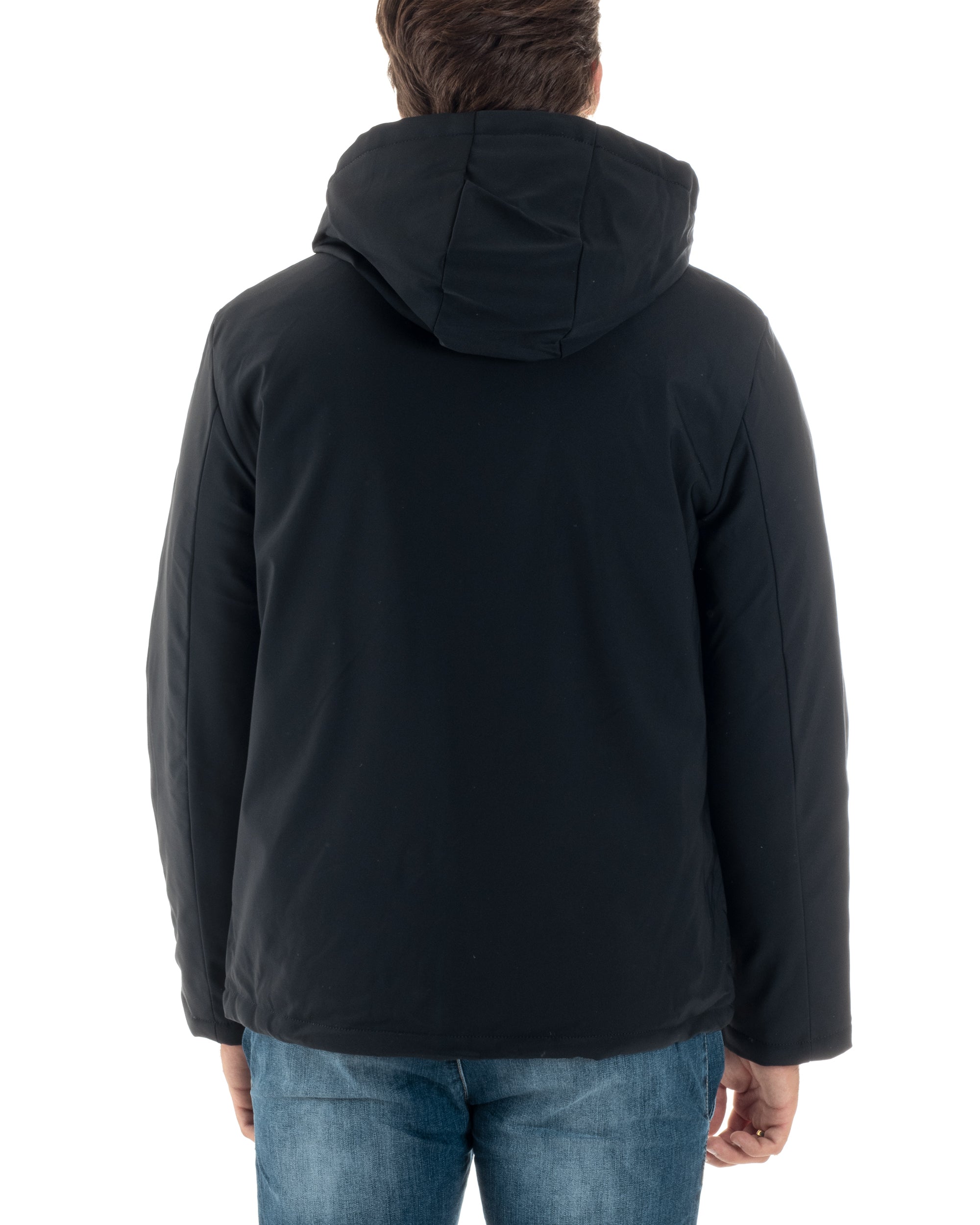 Giubbotto Uomo Con Cappuccio Removibile Trench Tessuto Tecnico Impermeabile Antivento Giaccone Imbottito Corto Tinta Unita Blu GIOSAL-G3232A