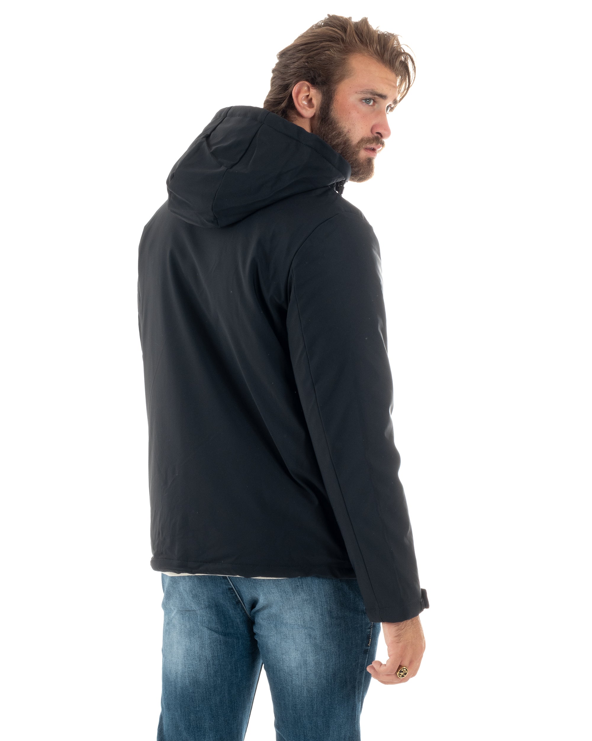 Giubbotto Uomo Con Cappuccio Removibile Trench Tessuto Tecnico Impermeabile Antivento Giaccone Imbottito Corto Tinta Unita Blu GIOSAL-G3232A