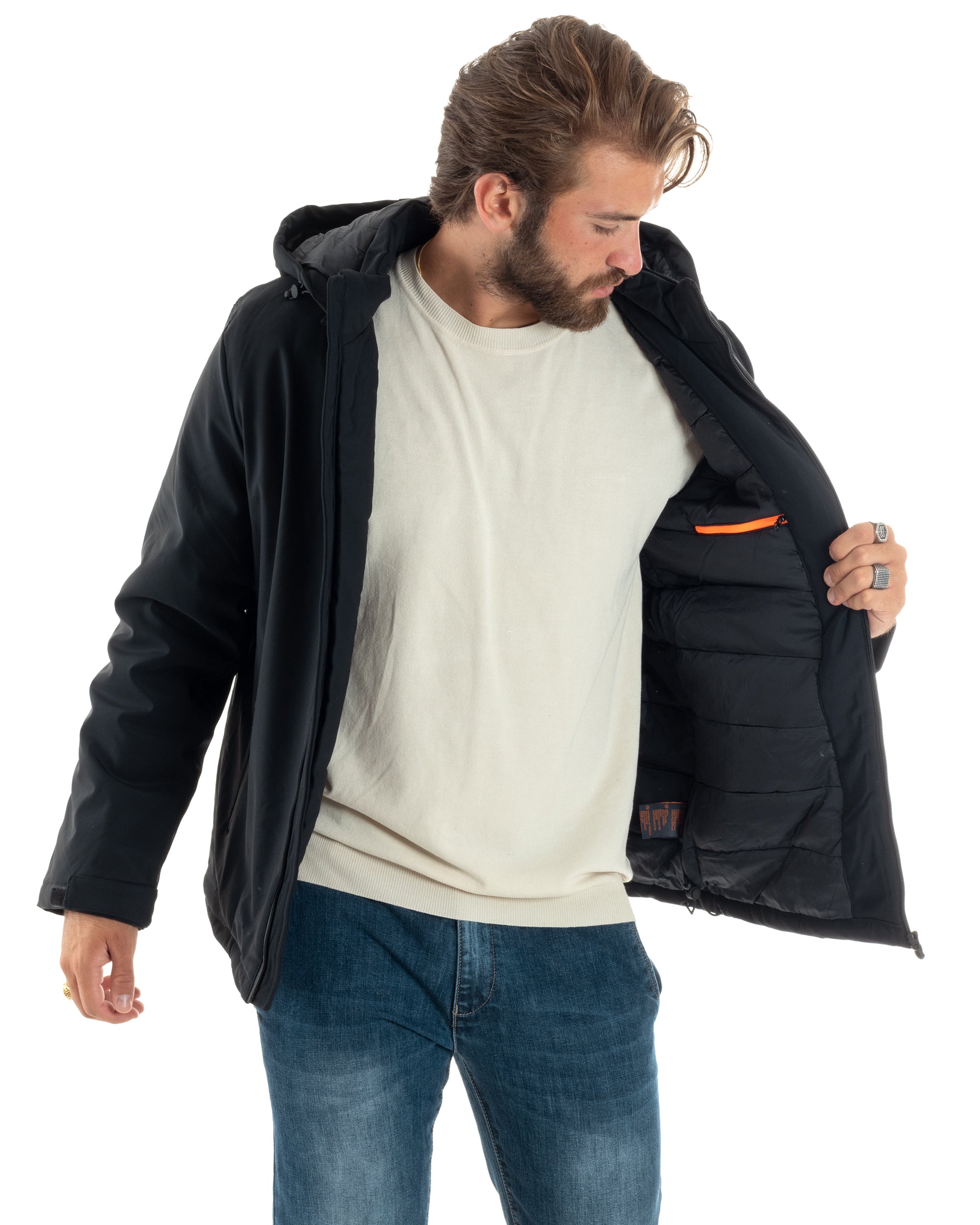 Giubbotto Uomo Con Cappuccio Removibile Trench Tessuto Tecnico Impermeabile Antivento Giaccone Imbottito Corto Tinta Unita Blu GIOSAL-G3232A