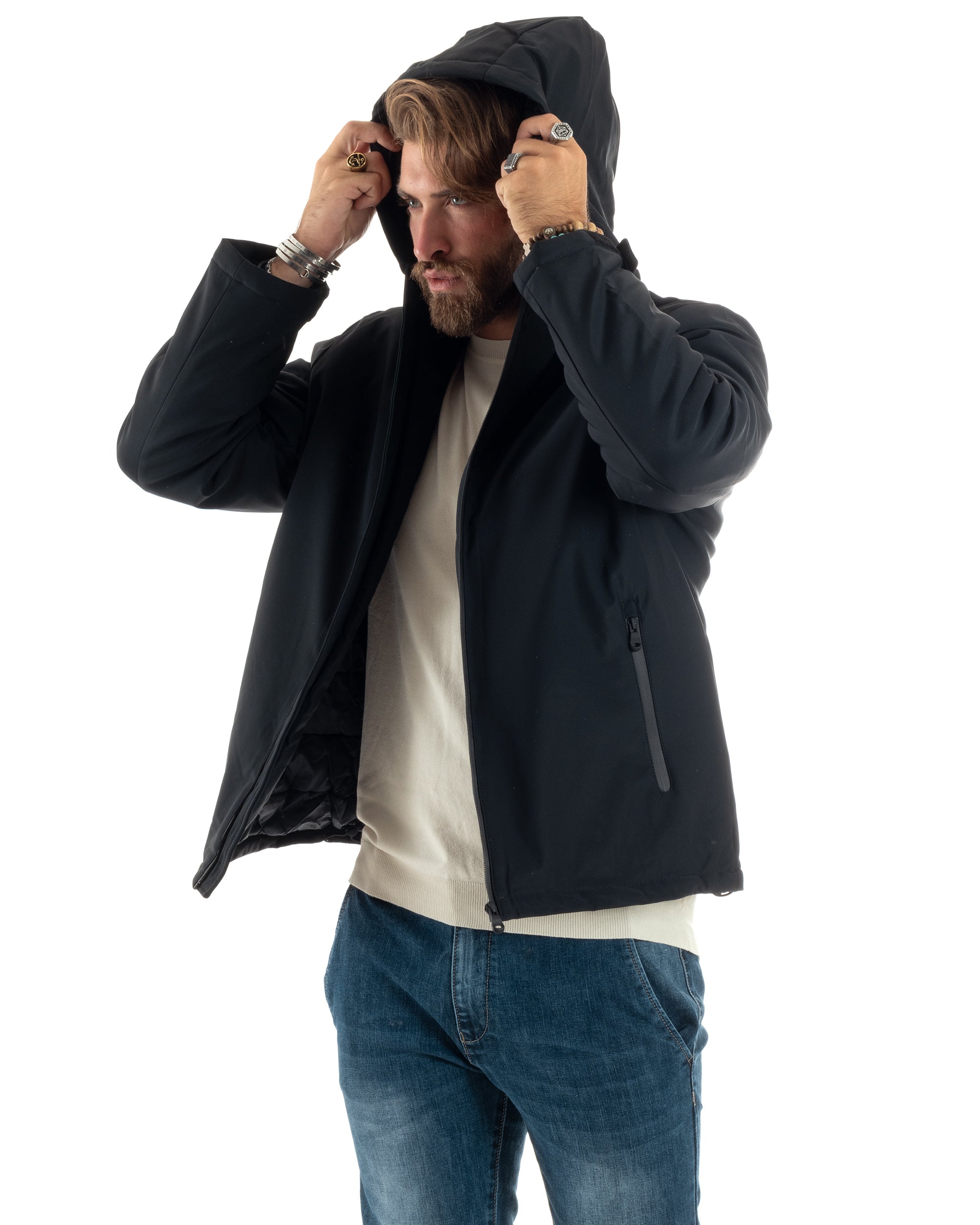 Giubbotto Uomo Con Cappuccio Removibile Trench Tessuto Tecnico Impermeabile Antivento Giaccone Imbottito Corto Tinta Unita Blu GIOSAL-G3232A