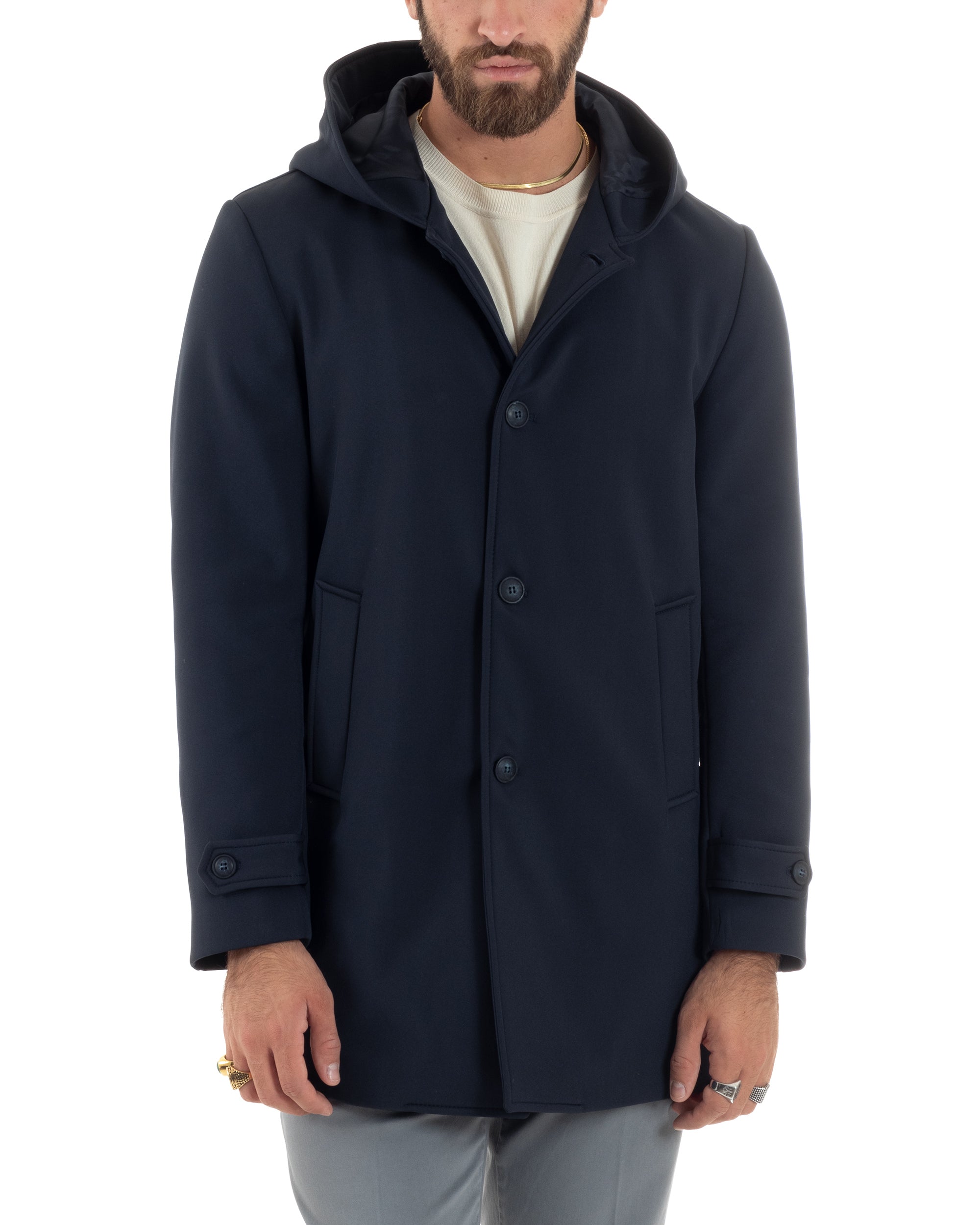 Giubbotto Uomo Con Cappuccio Trench Tessuto Tecnico Impermeabile Giaccone Bottoni Imbottito Lungo Antivento Blu G3235A