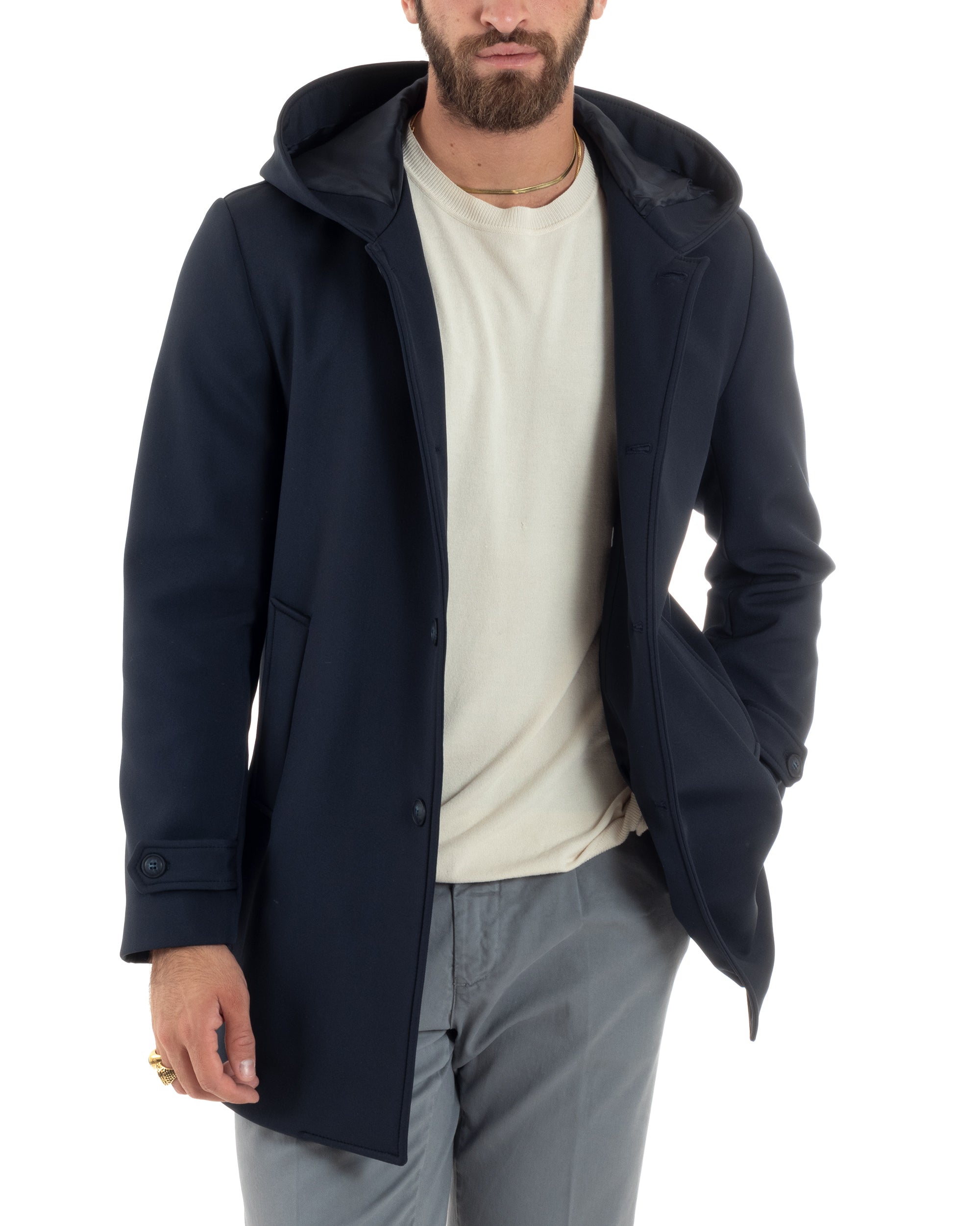Giubbotto Uomo Con Cappuccio Trench Tessuto Tecnico Impermeabile Giaccone Bottoni Imbottito Lungo Antivento Blu G3235A