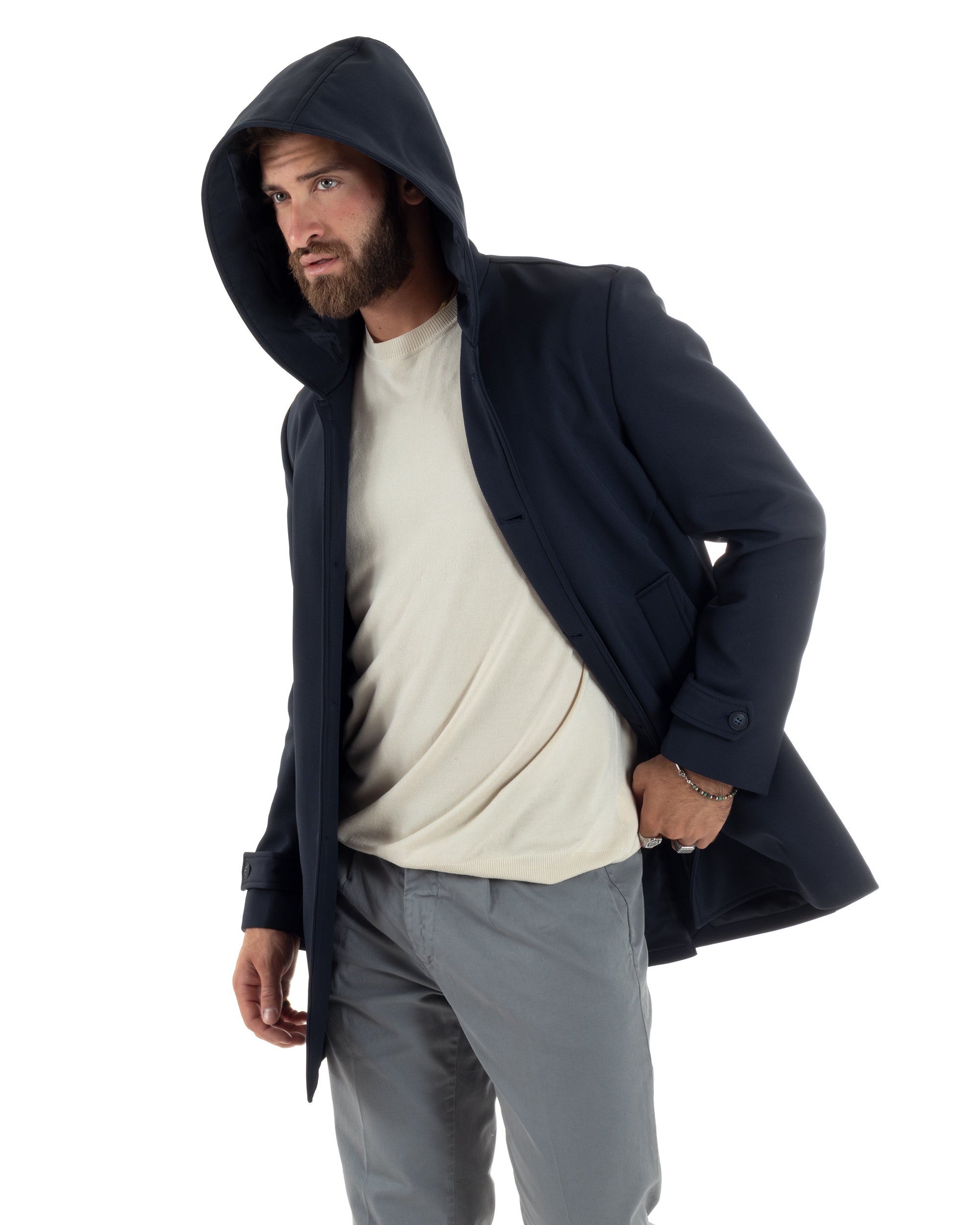 Giubbotto Uomo Con Cappuccio Trench Tessuto Tecnico Impermeabile Giaccone Bottoni Imbottito Lungo Antivento Blu G3235A