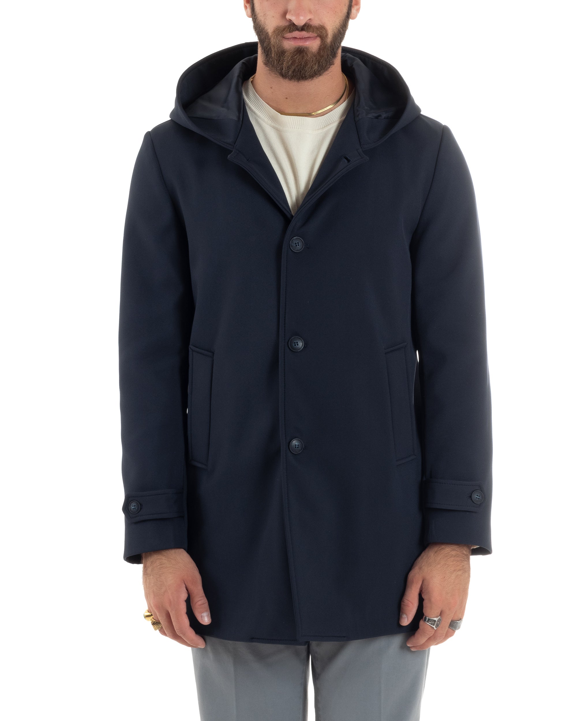 Giubbotto Uomo Con Cappuccio Trench Tessuto Tecnico Impermeabile Giaccone Bottoni Imbottito Lungo Antivento Blu G3235A
