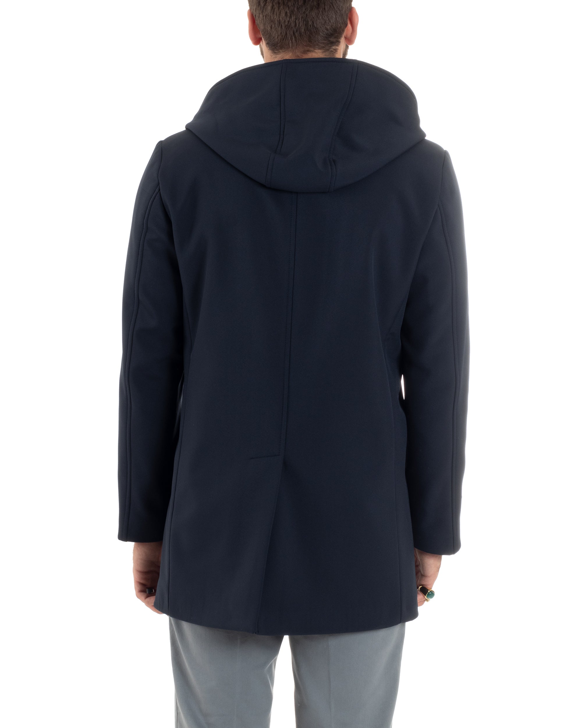 Giubbotto Uomo Con Cappuccio Trench Tessuto Tecnico Impermeabile Giaccone Bottoni Imbottito Lungo Antivento Blu G3235A